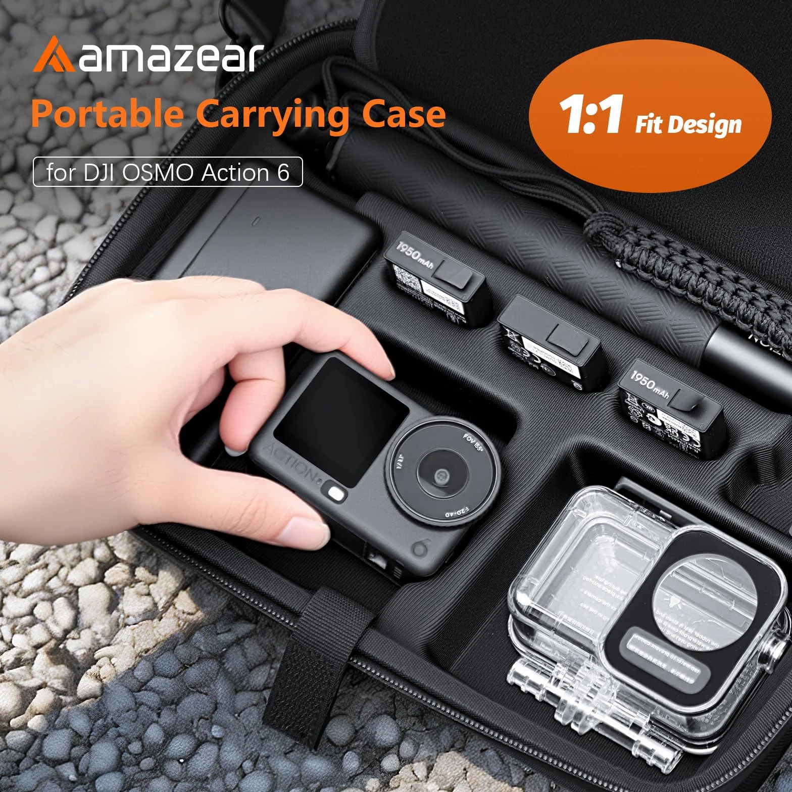 AMAZEAR Przenośny futerał do DJI Action 6, twarda obudowa z paskiem na ramię torba podróżna do akcesoriów DJI Osmo Action 6, kompaktowy wodoodporny organizer