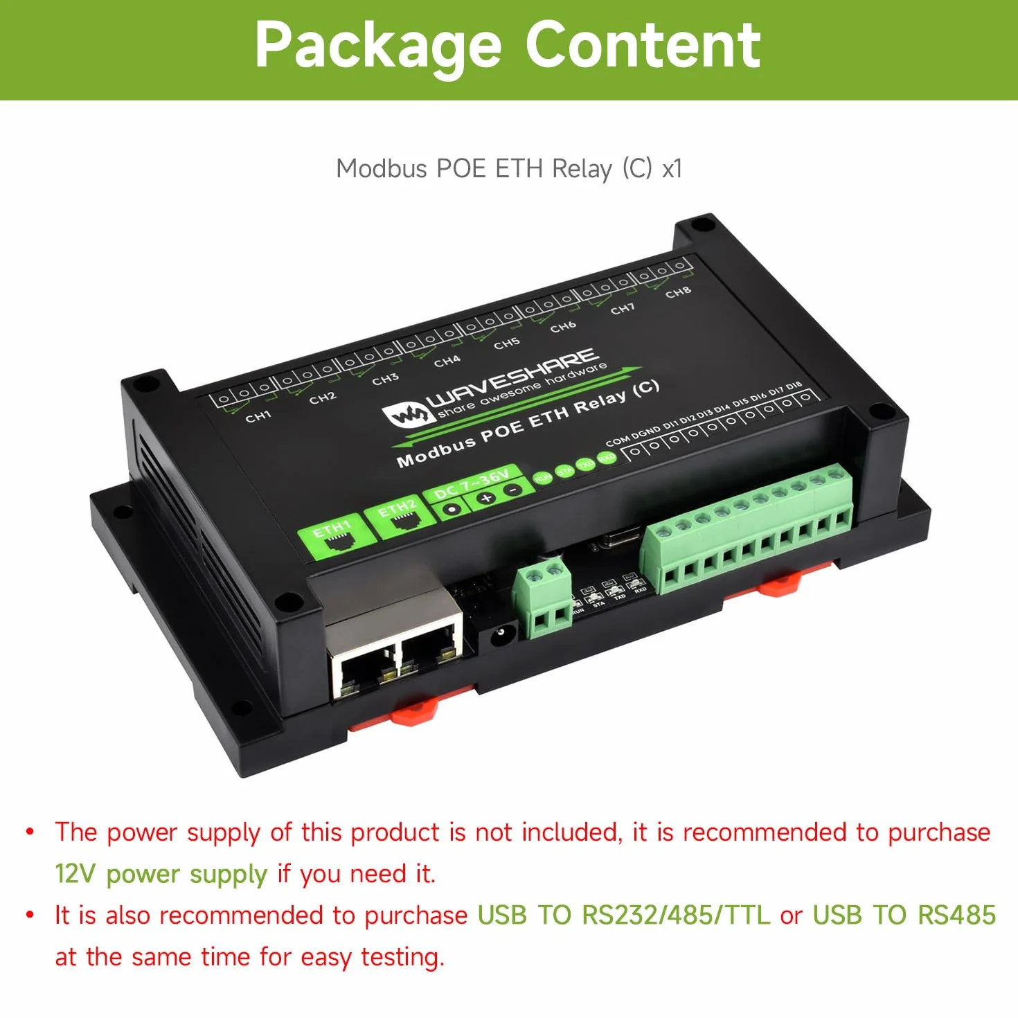 Waveshare 8-Ch Relay Module Dual Ethernet Ports PoE Modbus RTU Industrial Rail-Mount