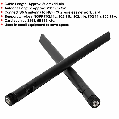 2 Szt.Kabel do SMA + 2 Szt.M.2 WiFi Bluetooth Zewnętrzna Antena 8DB, Obsługa Karty Blueooth 802.11a / B/G/N/Ac, do Bezprzewodowej Karty Sieciowej NGFF/M.2