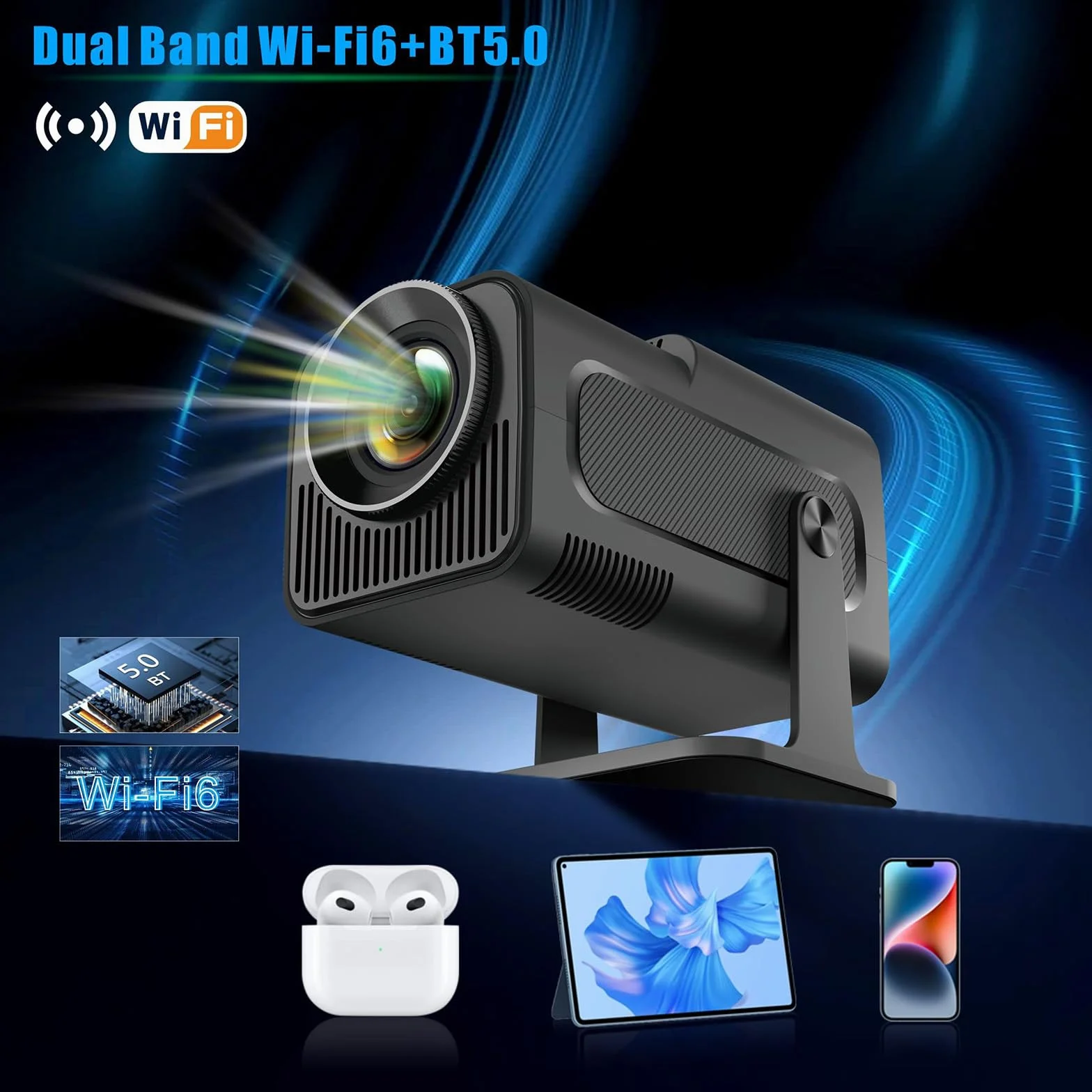 Mini przenośny projektor HY320, mini projektor 4K, inteligentny projektor 200 ANSI z systemem Android 11.0, automatyczną korekcją trapezu, Wi-Fi 6 i Bluetooth 5, ekran 30"-130", obrót o 180°