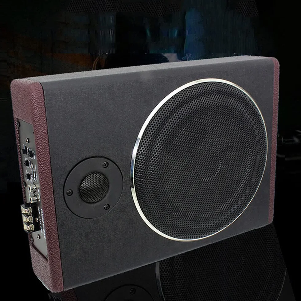 Subwoofer płaski samochodowy aktywny głośnik basowy, ultra kompaktowy pod siedzeniem, drewniany korpus pokryty skórą PU, czarny