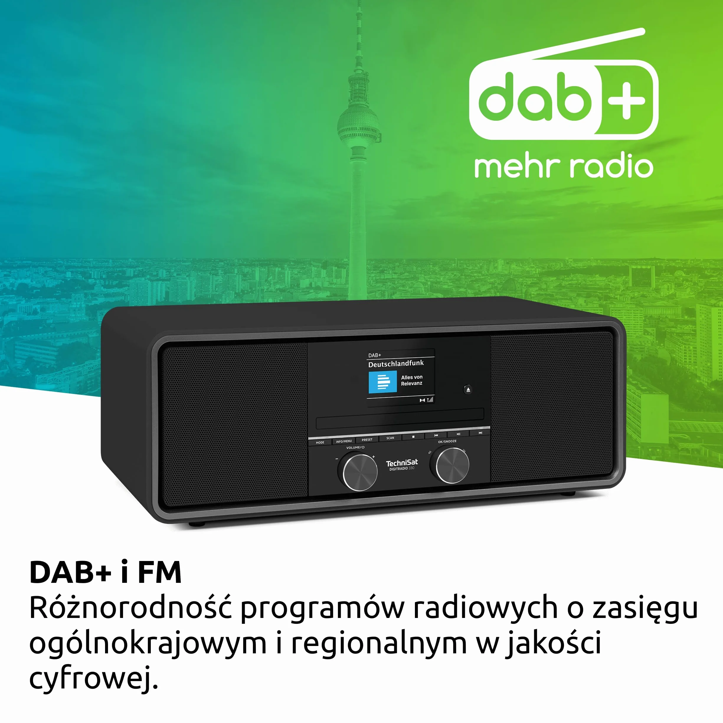 TechniSat DIGITRADIO 330 – radio stereo DAB+ FM z odtwarzaczem CD (Bluetooth 5.3, odtwarzanie MP3 z USB i funkcja ładowania, kolorowy wyświetlacz 2,4", budzik radiowy, pilot) czarne