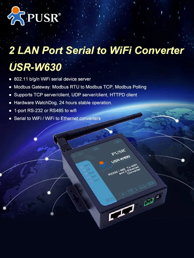 USR-W630 Przemysłowy WIFI 2 porty Ethernet Serwer RS232 RS485 Modbus RTU TCP