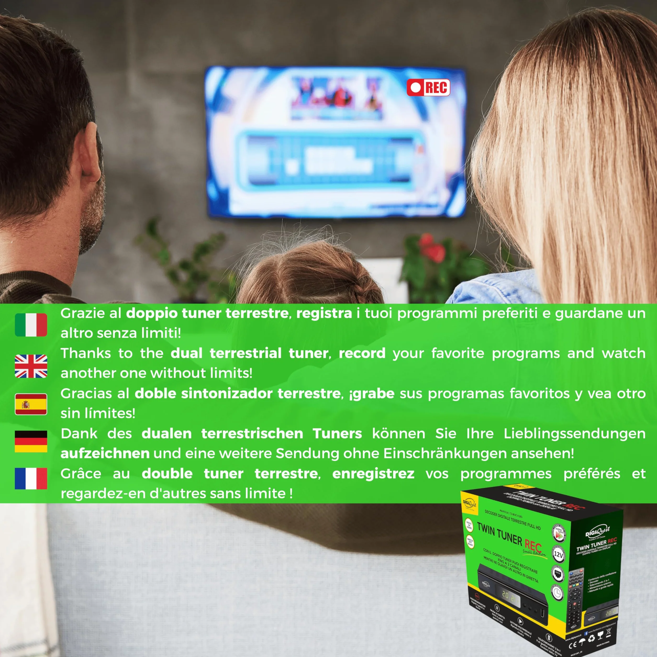 Digiquest Twin Tuner Rec - Small Edition - Dekoder Full HD TNT z funkcją nagrywania wideo, czarny