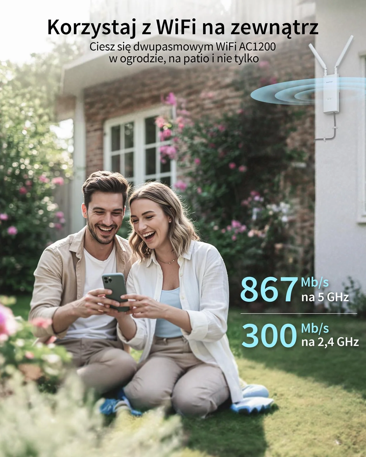 BrosTrend AC1200 Zewnętrzny wzmacniacz sygnału WiFi o dużym zasięgu, dwupasmowy 5 GHz + 2,4 GHz, wodoodporny wzmacniacz sygnału gigabitowego IP65, zasilany przez PoE, z pasywnym wtryskiwaczem PoE