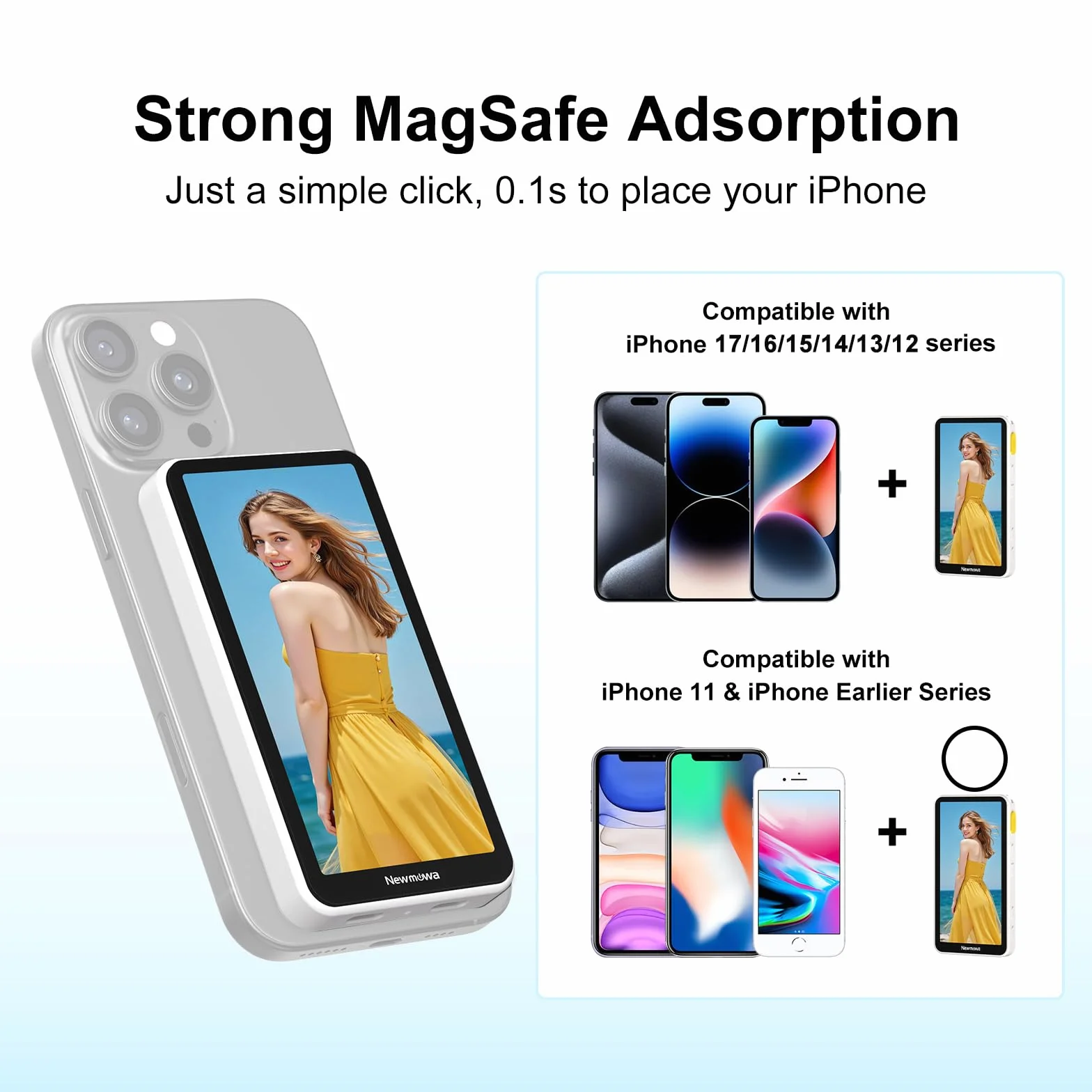 Newmowa Magnetyczny Selfie Monitor Ekranem Dotykowym,z Zoomem, Nagrywanie Bezprzewodowe 1080P,Tylna Kamera Telefonu do Vlog TikTok,Kompatybilny z iPhone(Nagrywanie 4K 30fps Tylko dla iPhone 15/16/17)