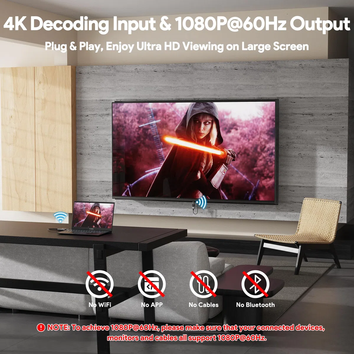 Bezprzewodowy transmiter i odbiornik HDMI, bezprzewodowy dekodowanie 4K 1080P do transmisji radiowej HDMI do strumieniowego przesyłania plików audio z laptopa, komputera PC do HDTV, projektora