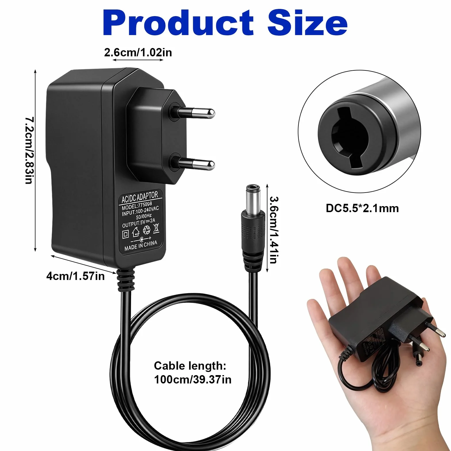 Uniwersalna ładowarka 5V 2A zasilacz 5V 2A AC/DC adapter 100-240V 50/60Hz ze złączem 5,5 mm x 2,1 mm, zasilacz 10 W do monitora projektora CCTV LED