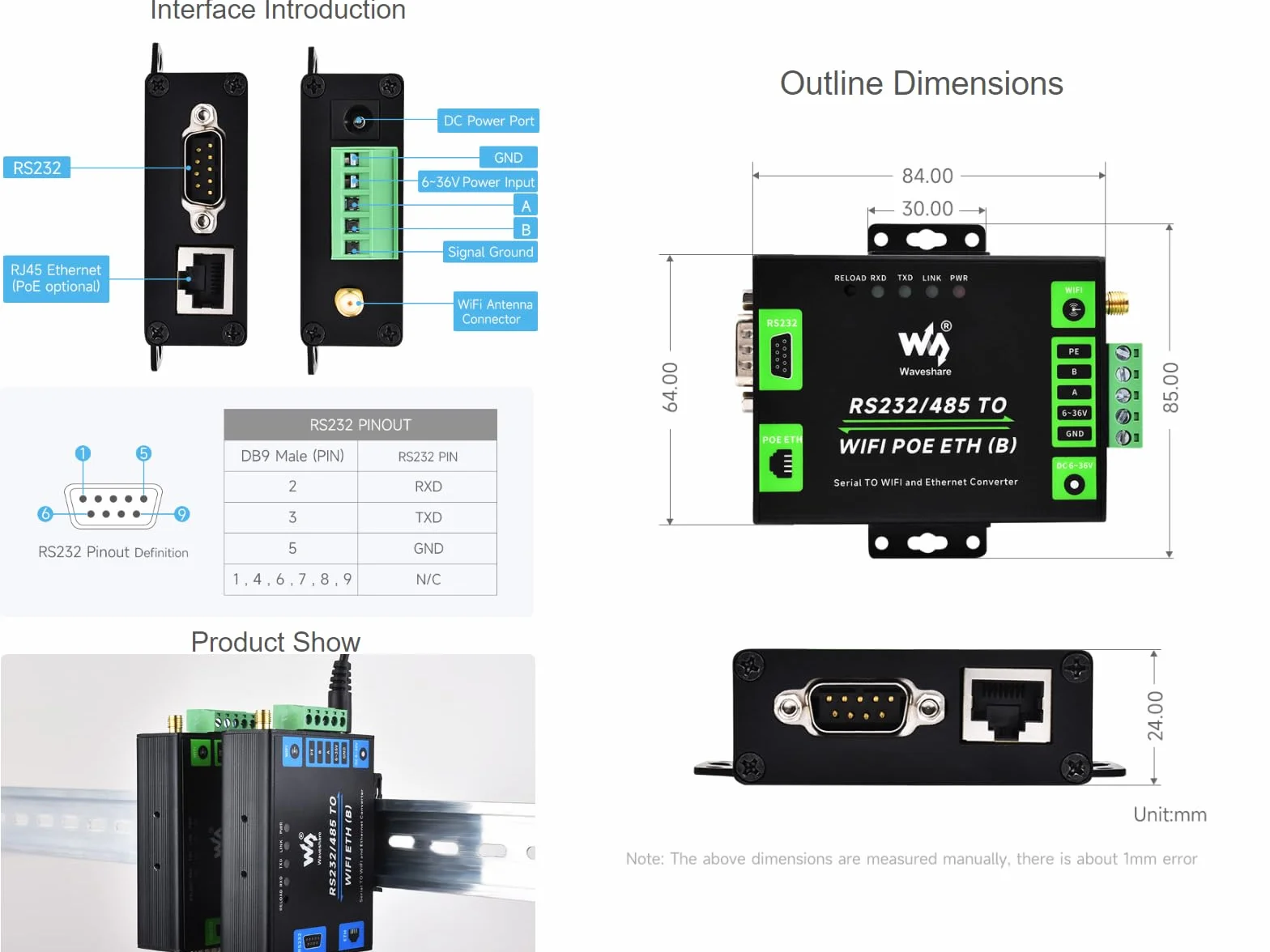 Waveshare RS232/485 to WiFi and RJ45 Ethernet Converter Module with POE Function, Industrial Grade Server Serial, obsługa Ethernet to WiFi, port szeregowy do Ethernet, bramka modbowa, brama MQTT