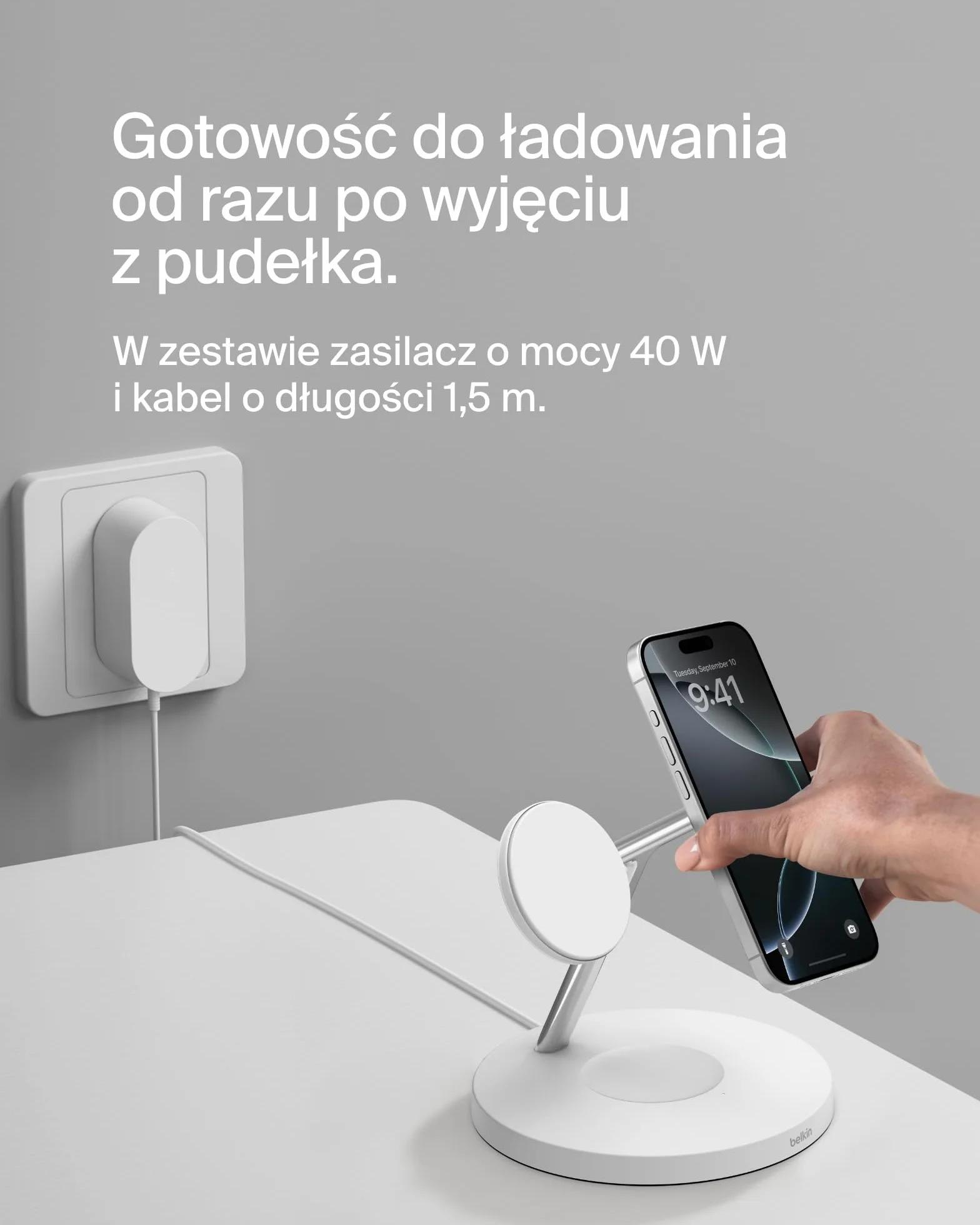 Belkin BoostCharge ładowarka Qi2 3 w 1, stacja do ładowania bezprzewodowego zgodna z MagSafe, ładowarka Qi2 do urządzeń Apple iPhone serii 16, Apple Watch i AirPods, zasilacz w zestawie – biała