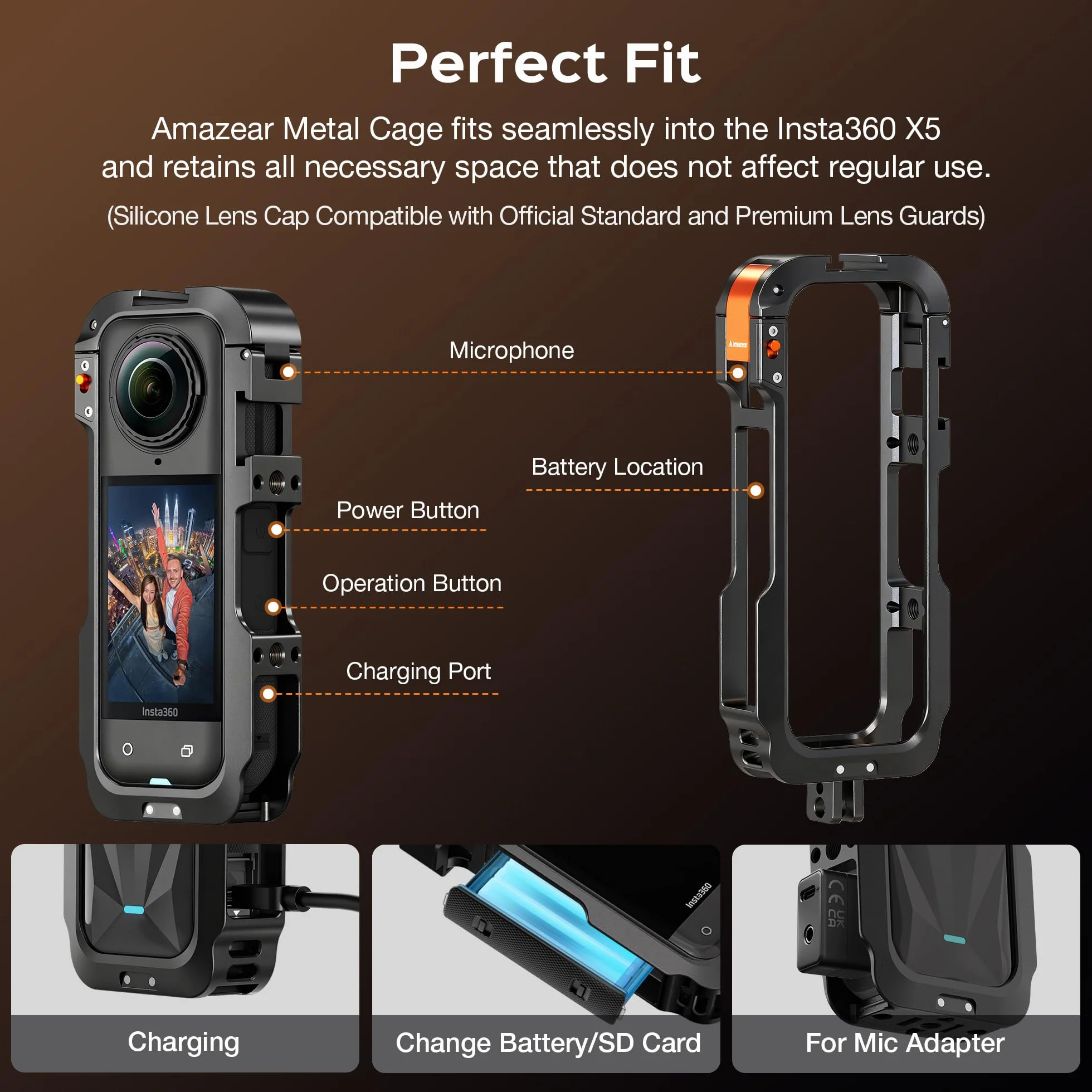 Amazear Metalowa obudowa ochronna do akcesoriów Insta 360 X5, wielofunkcyjna rama, wytrzymała aluminiowa rama z szybkim zapięciem, różne mocowania rozszerzeń (metaliczny czarny)