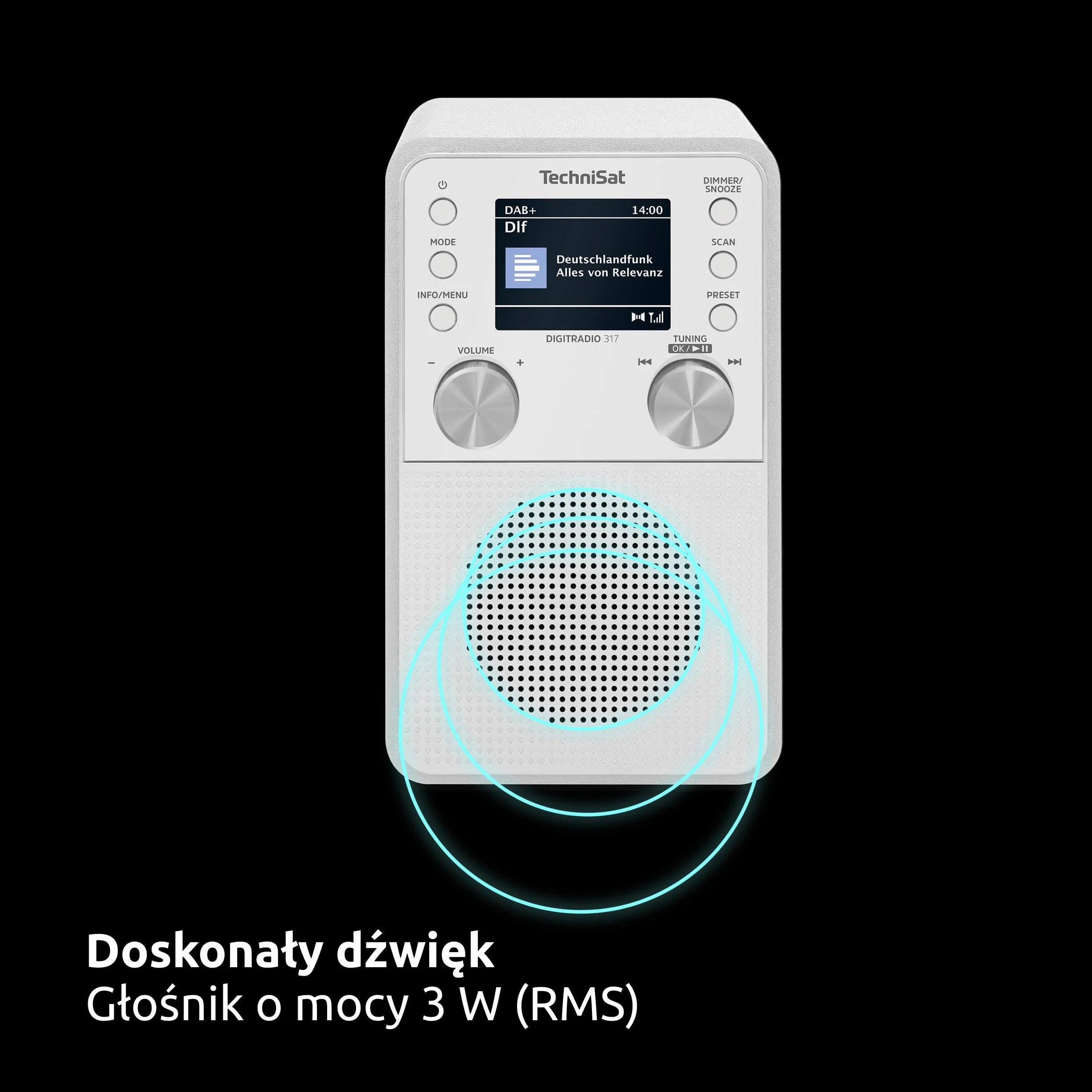TechniSat DIGITRADIO 317 – pionowe radio DAB+ FM z funkcją strumieniowego przesyłania dźwięku przez Bluetooth, radiobudzik, wyłącznik czasowy, kolorowy wyświetlacz 2,4 cala, 3 W, białe