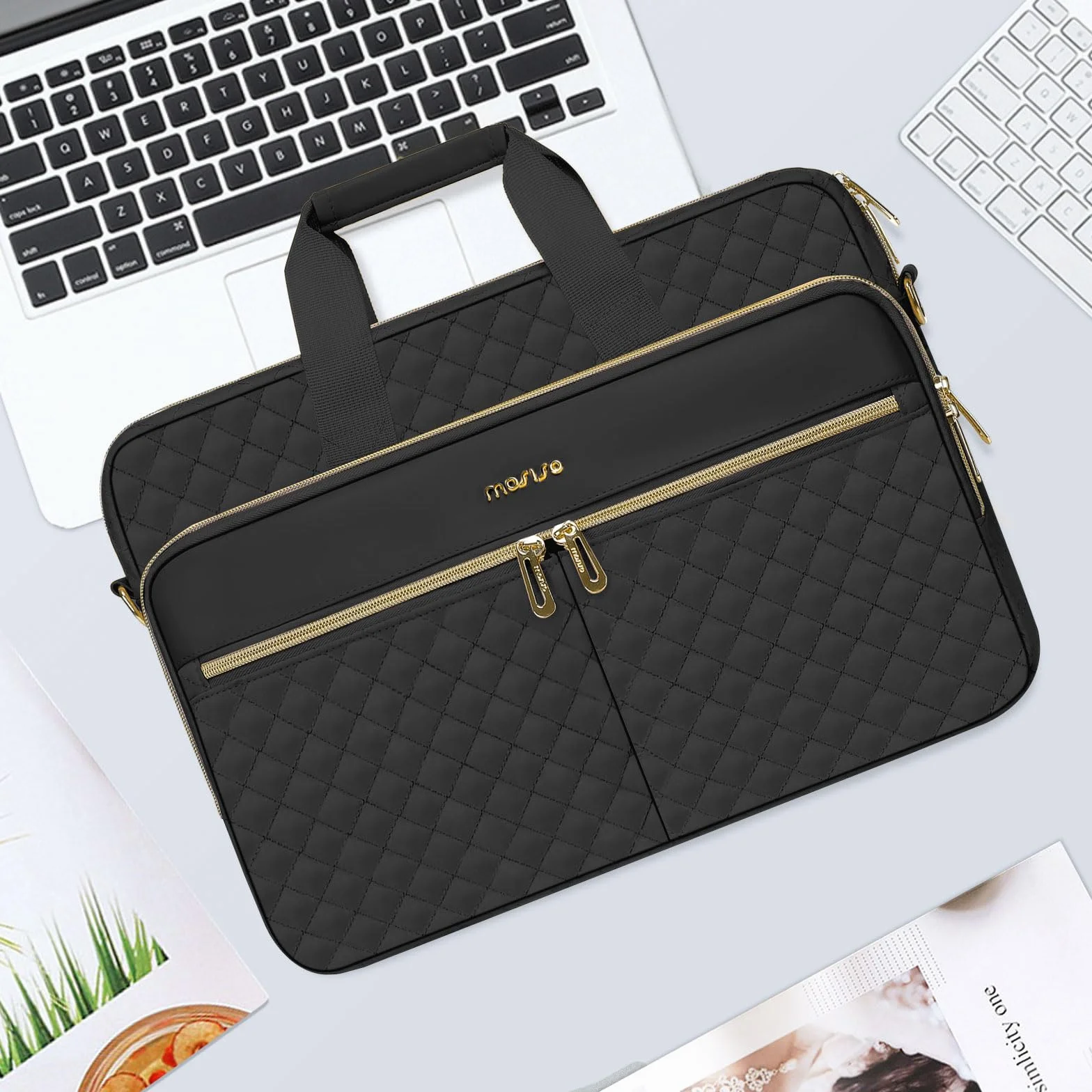 MOSISO Torba na laptopa, teczka dla kobiet i mężczyzn, kwadratowa pikowana torba kurierska na komputer biuro podróż biznes z 3 kieszeniami i paskiem