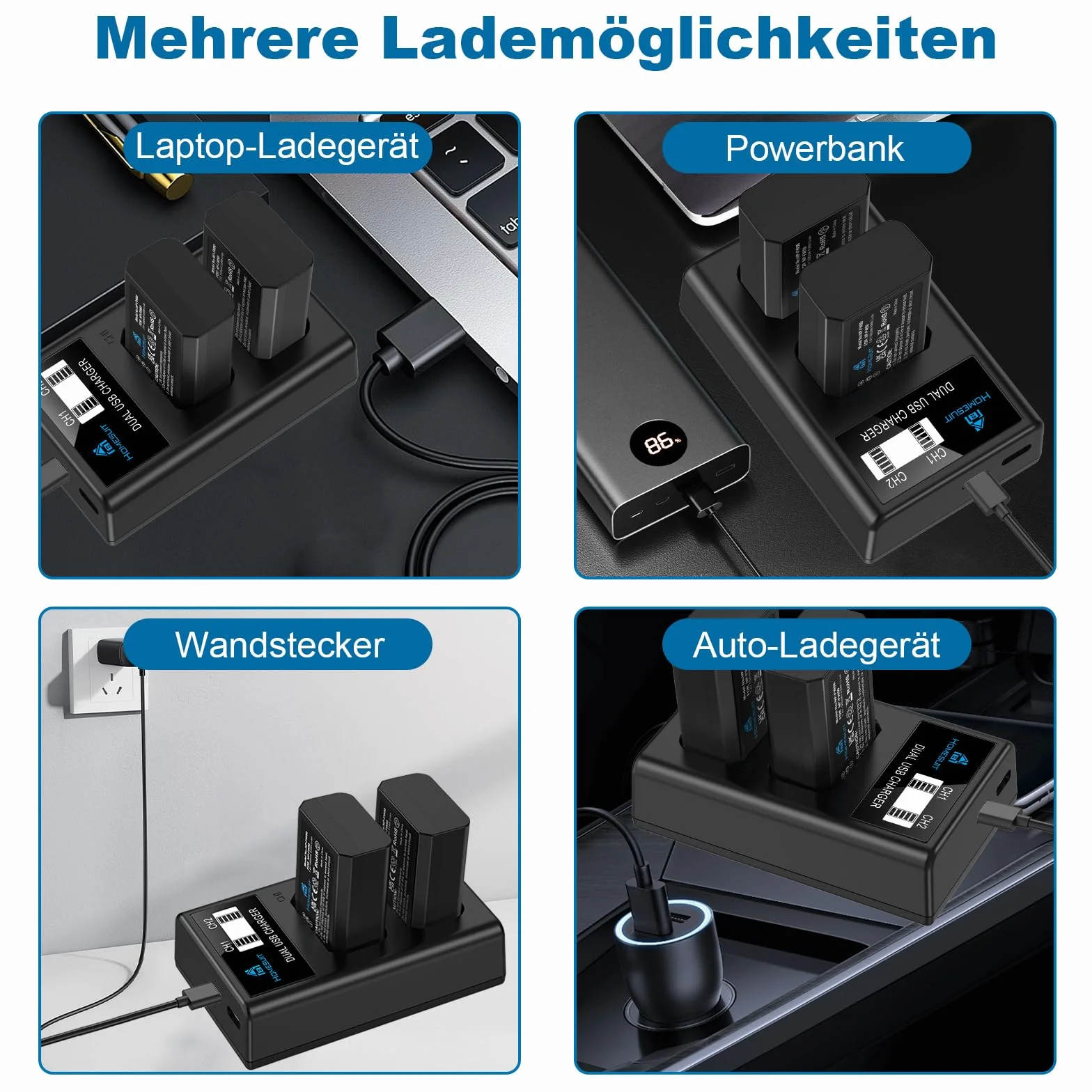 Homesuit Zestaw baterii NP-FW50 1300 mAh i USB LCD do ładowania dla Sony ZV-E10, A6000, A6500, A6300, A6400, A7II, A7RII, A7SII, A7S2, A7R, A7R2, A55, A5100, RX10 Kamera (2) - Opakowanie: