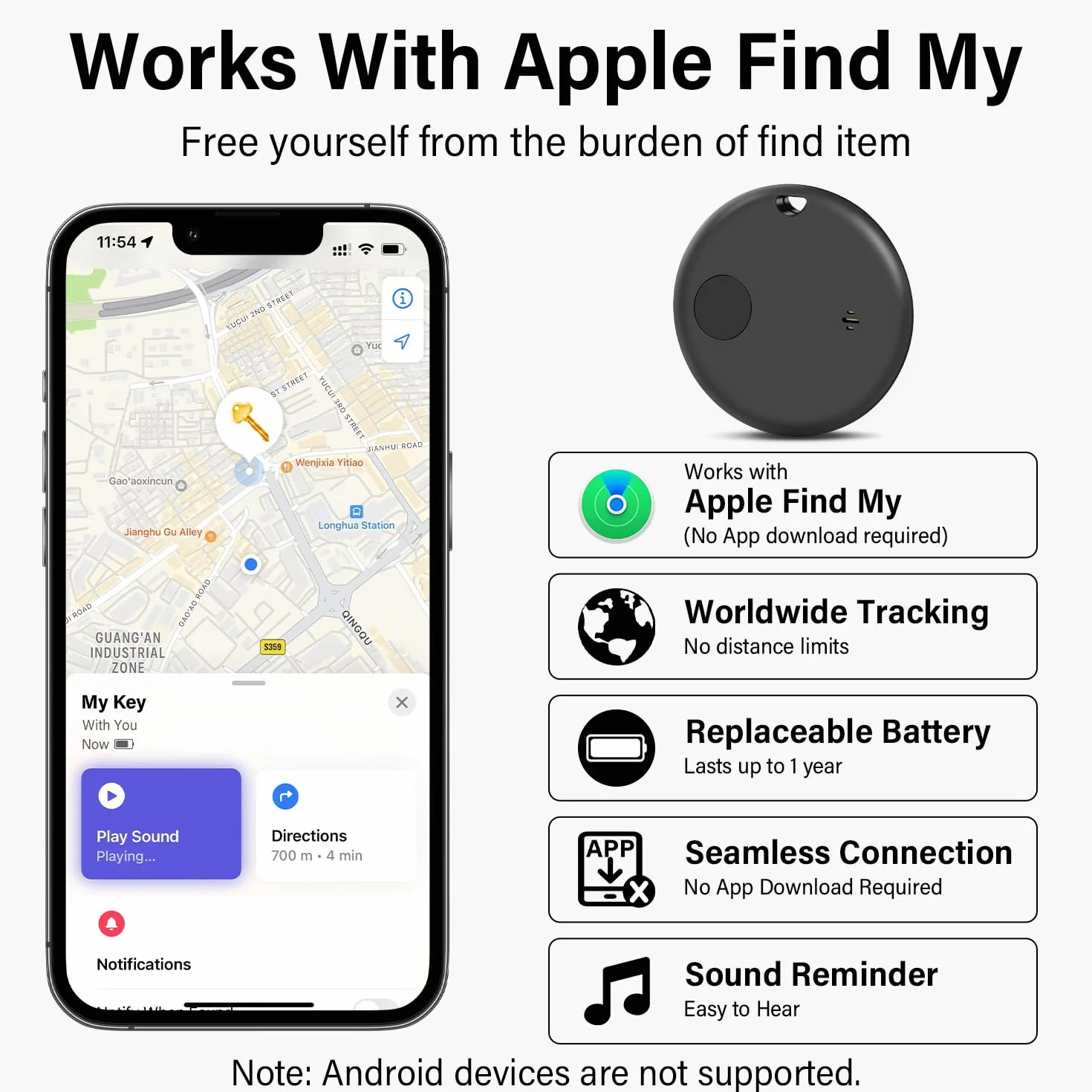 Lokalizator kluczy Tag śledzący Air Tracker kompatybilny z Apple Find My 4 sztuki, żywotność baterii jeden rok
