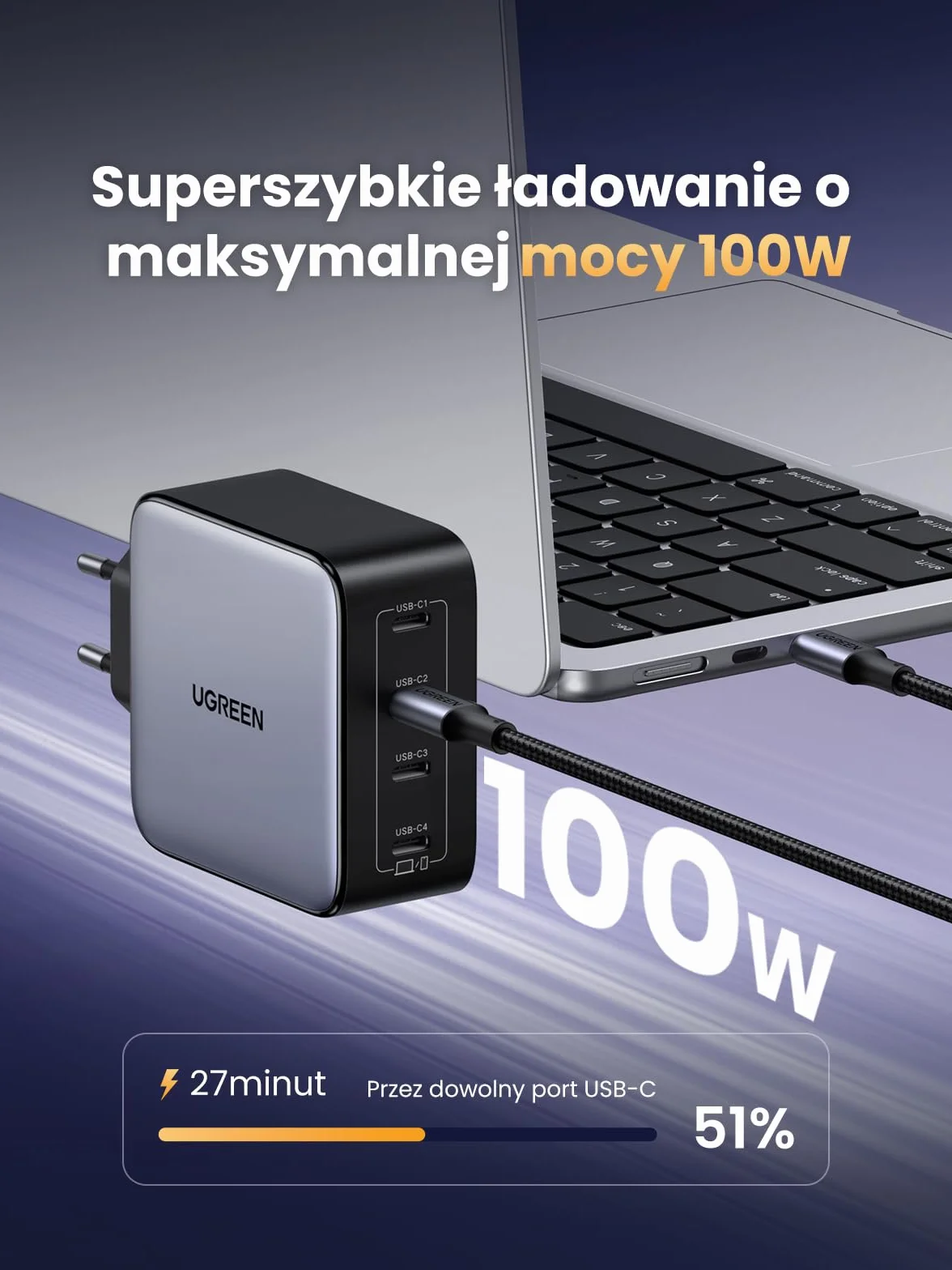 Ładowarka UGREEN Nexode 100W USB C z 4 portami USB-C Zasilacz GaN Ładowarka wielokrotna PD obsługuje PPS 45W kompatybilna z MacBookiem Pro/Air, iPadem Pro/Air, serią iPhone 16-8, Galaxy S24