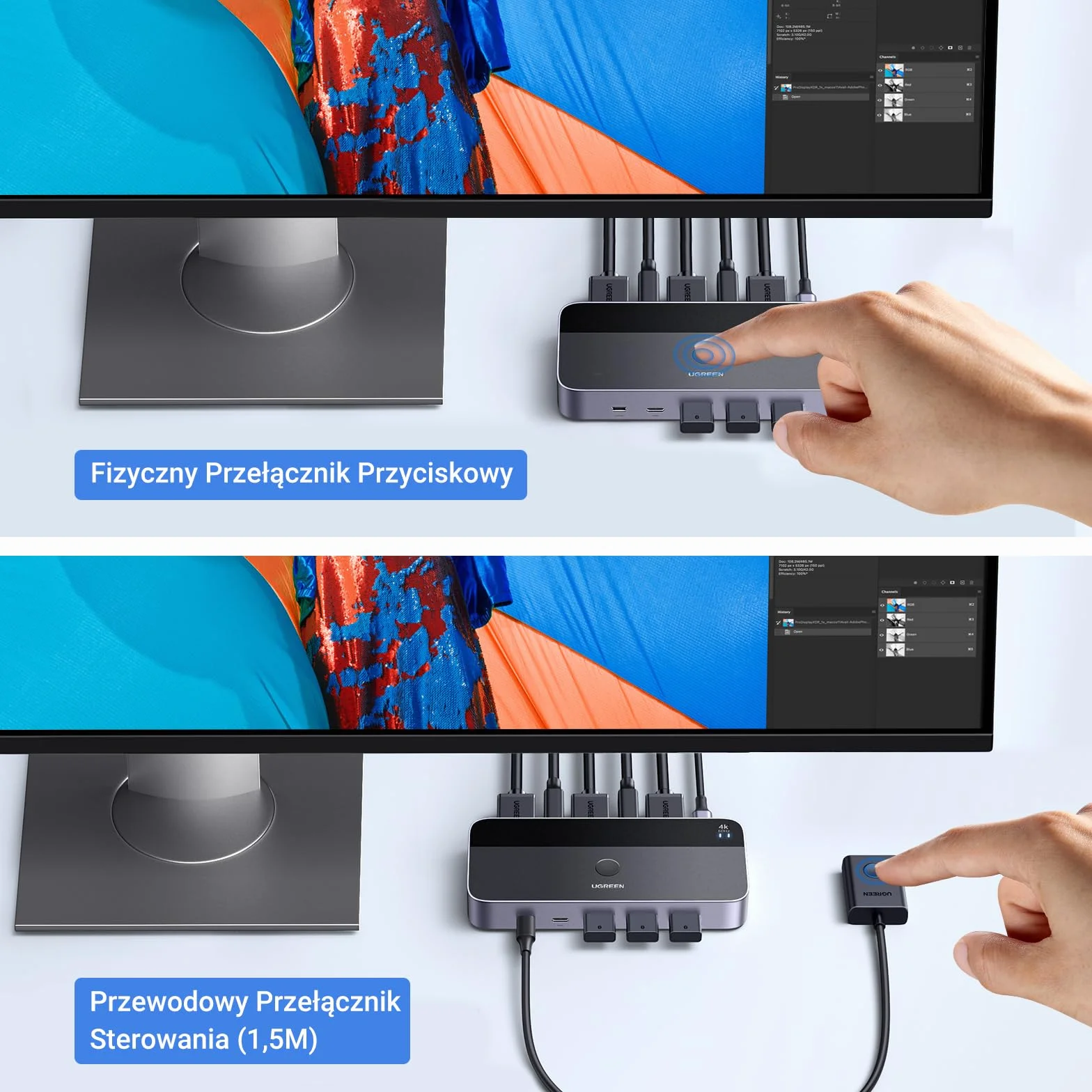 UGREEN HDMI 2.0 KVM Przełącznik 4K@60Hz USB 3.0 Przełącznik 4 porty USB (3*USB 3.0+USB C) Udostępnianie 1 Monitora i Klawiatury, Myszy, Drukarki, Dysku U na 2 PC z 2 USB kablami i 2 HDMI kablami.