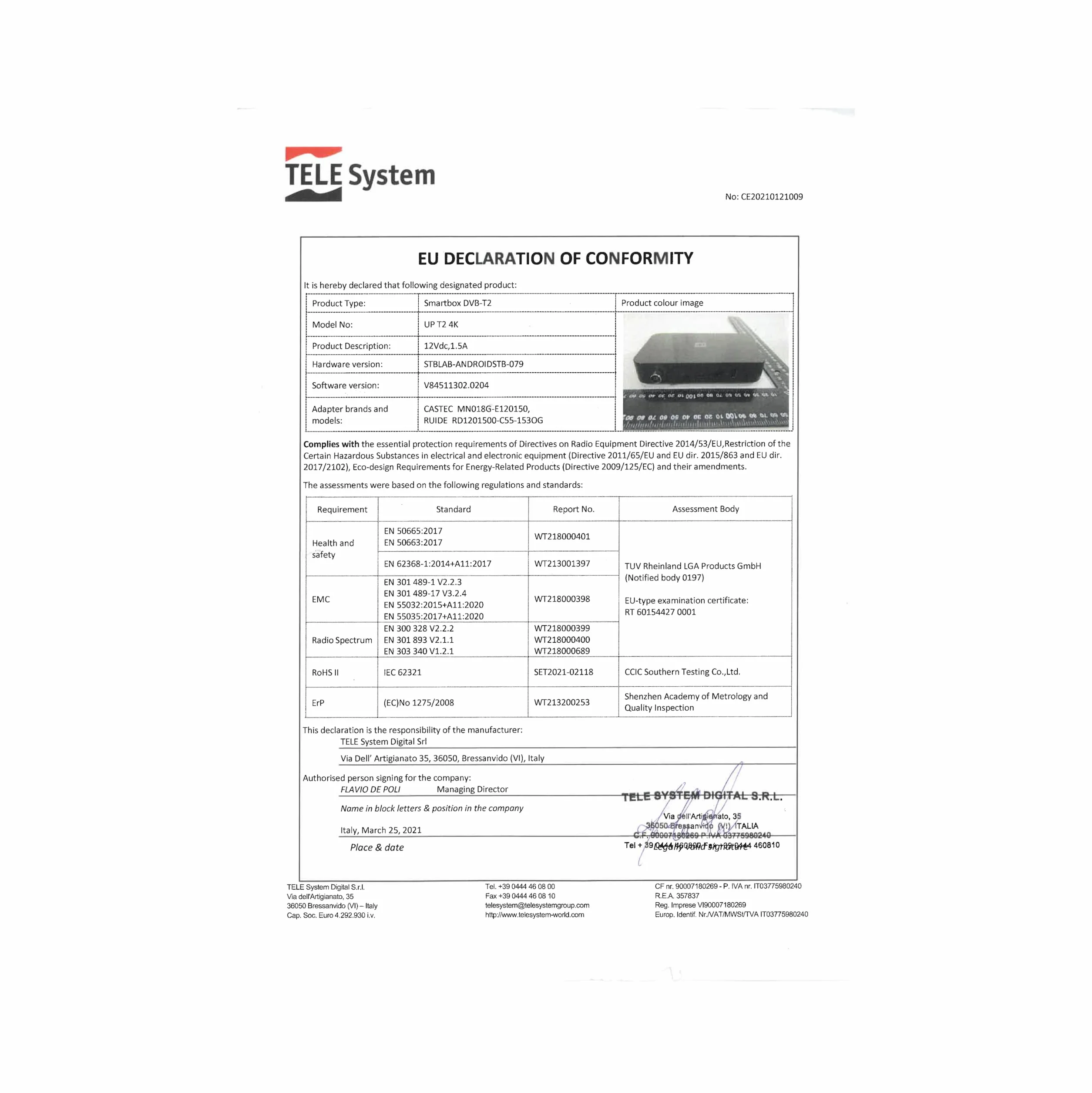 TELE System UP T2 4K: Cyfrowy dekoder naziemny ULTRA HD Android TV, aktualizacja Smart TV, tuner DVB-T2 HEVC HDR10+HLG, w zestawie adapter HDMI/SCART - certyfikat Google