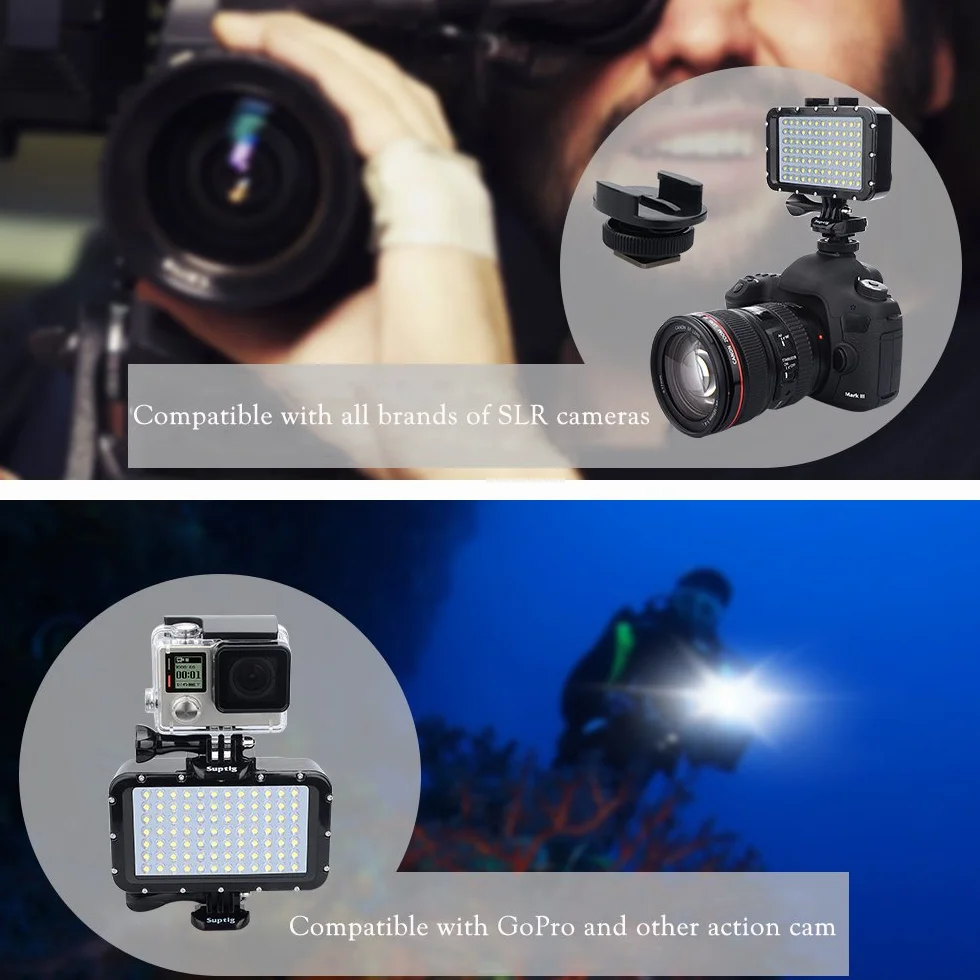 Suptig podwodne światła do nurkowania, 84 LED, wysoka moc, ściemniane, wodoodporne światło LED do 50 m, do nagrywania wideo, do Gopro, Canon, Nikon, Pentax, Panasonic Sony, lustrzanki Samsung