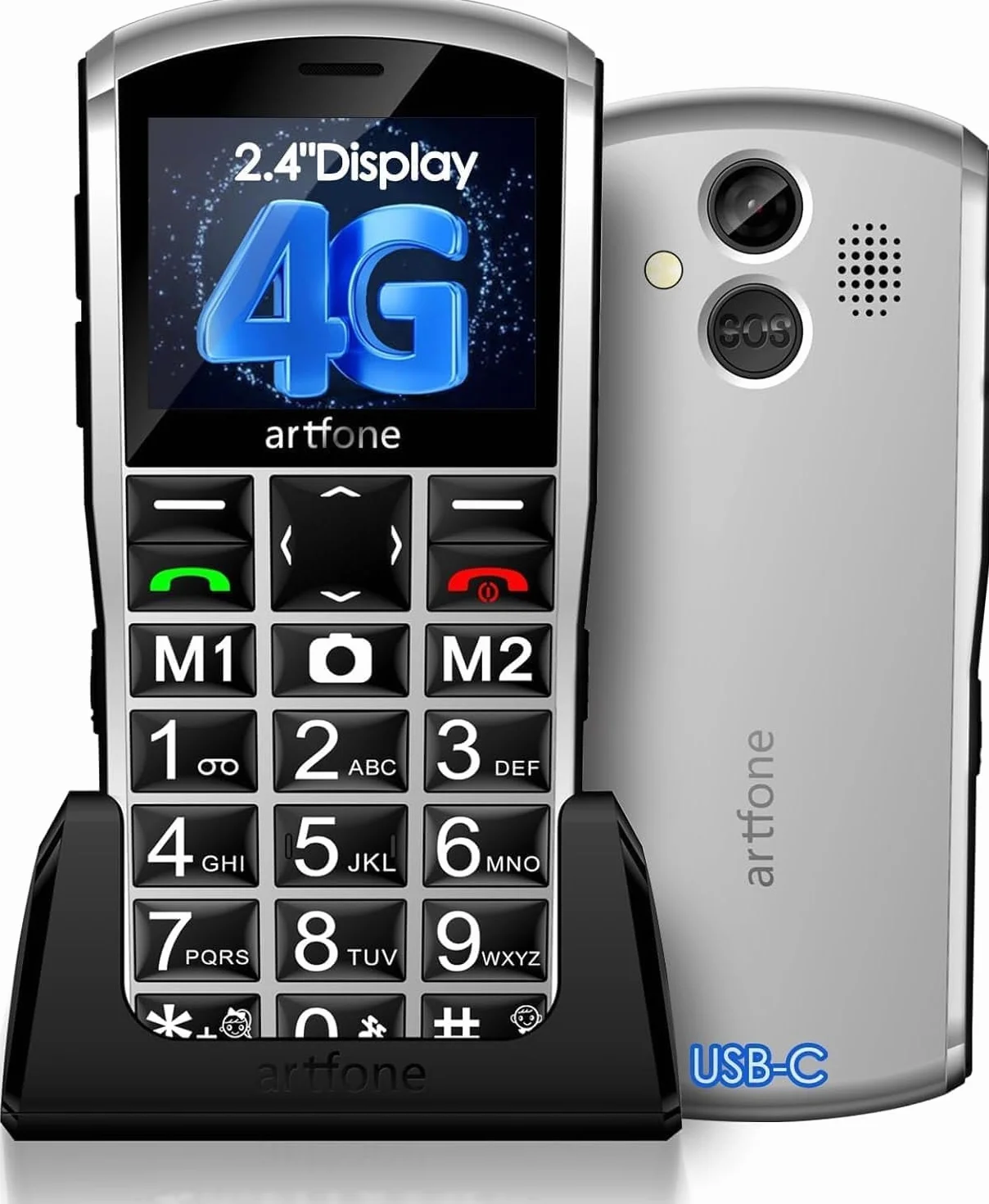 artfone Telefon komórkowy 4G dla seniorów bez umowy, telefon komórkowy dla emerytów, duże przyciski, akumulator 1800 mAh, telefon komórkowy dla seniorów, Dual Nano SIM,przycisk SOS, stacja ładująca