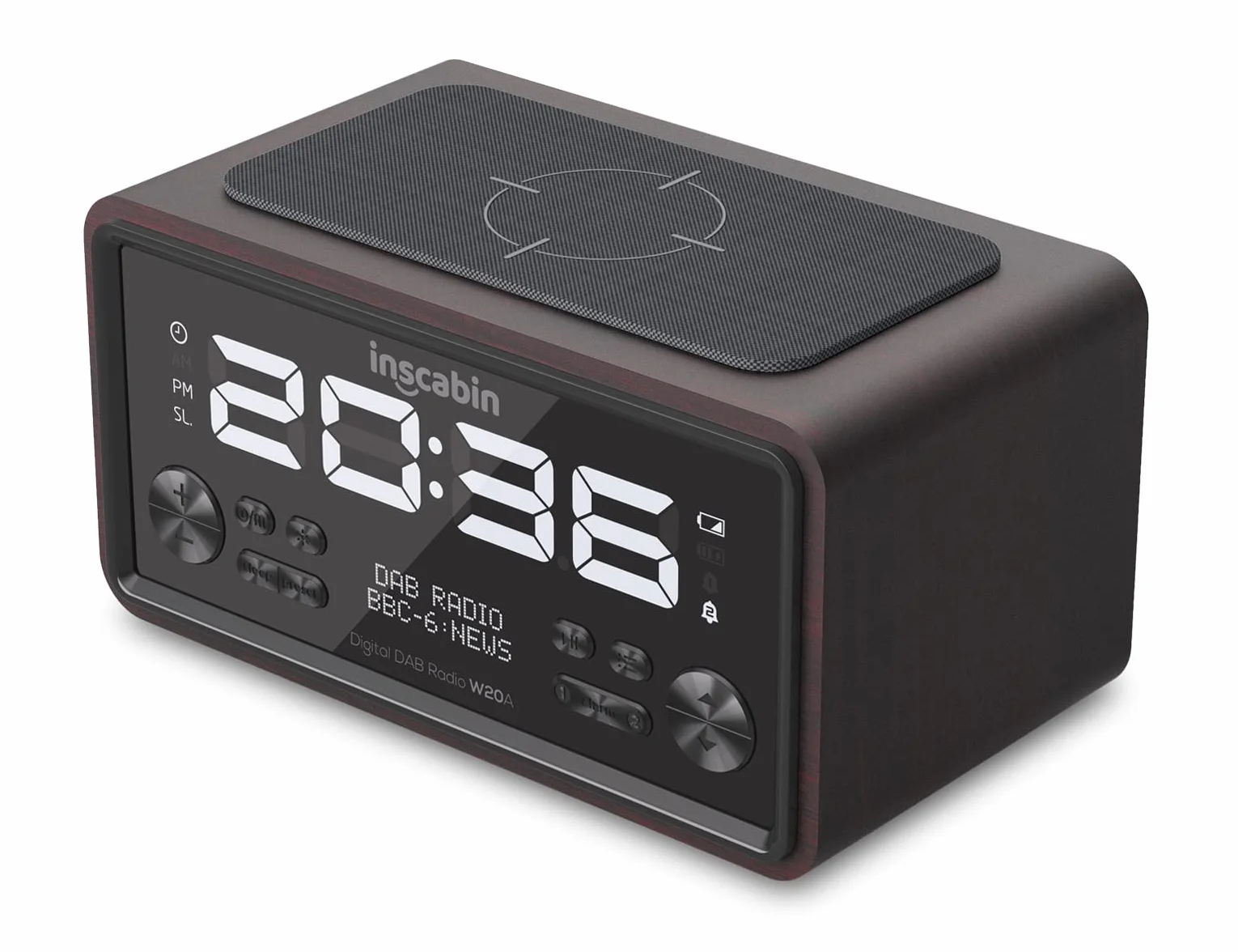 DAB/DAB+ FM cyfrowy radiobudzik z bezprzewodowym ładowaniem Bluetooth, czarny orzech