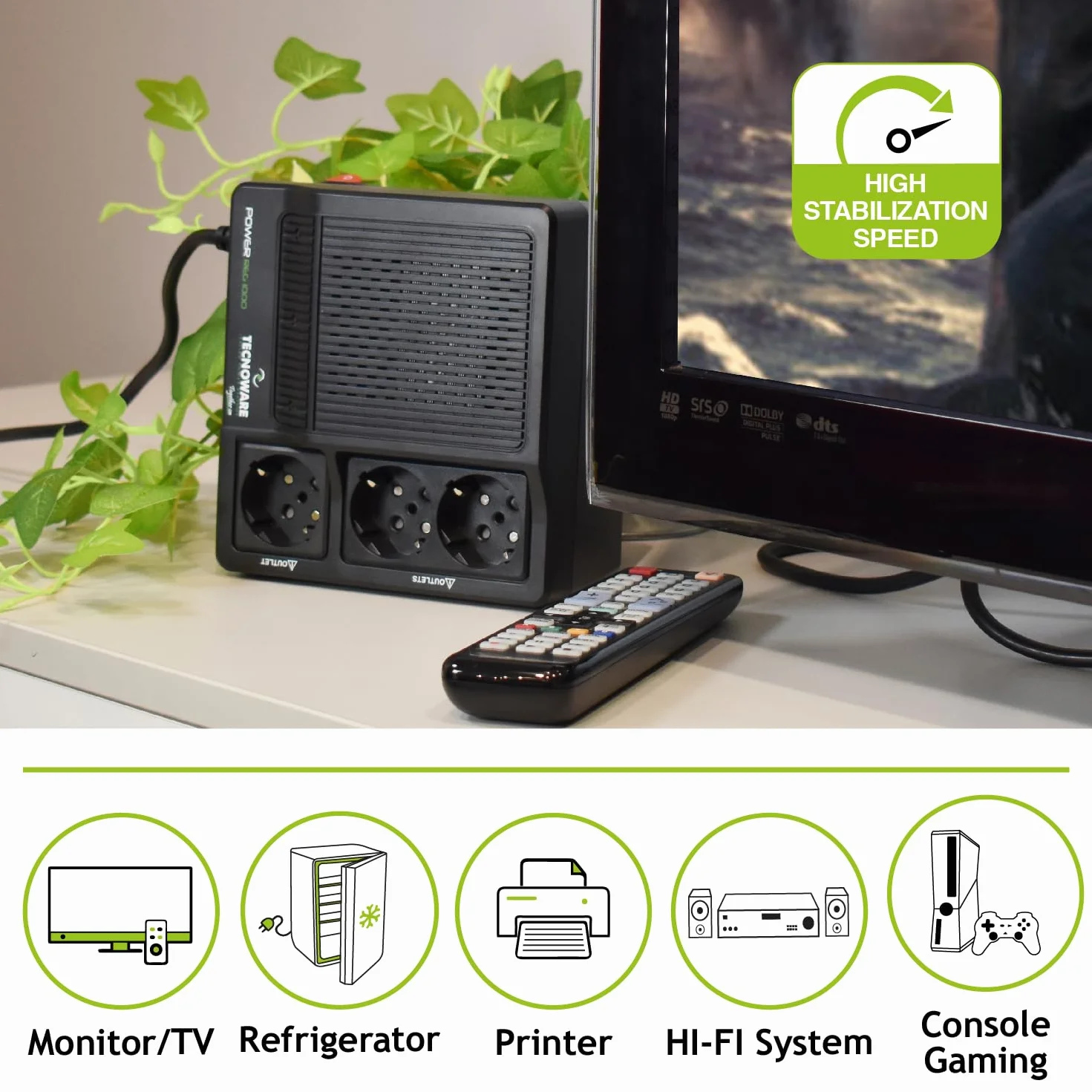 Tecnoware Power Systems PowerReg 1000VA, Stabilizator napięcia jednofazowy, Ochrona przed skokami, pikami i spadkami napięcia dla: TV, systemów HiFi, drukarek, małych urządzeń domowych i biurowych