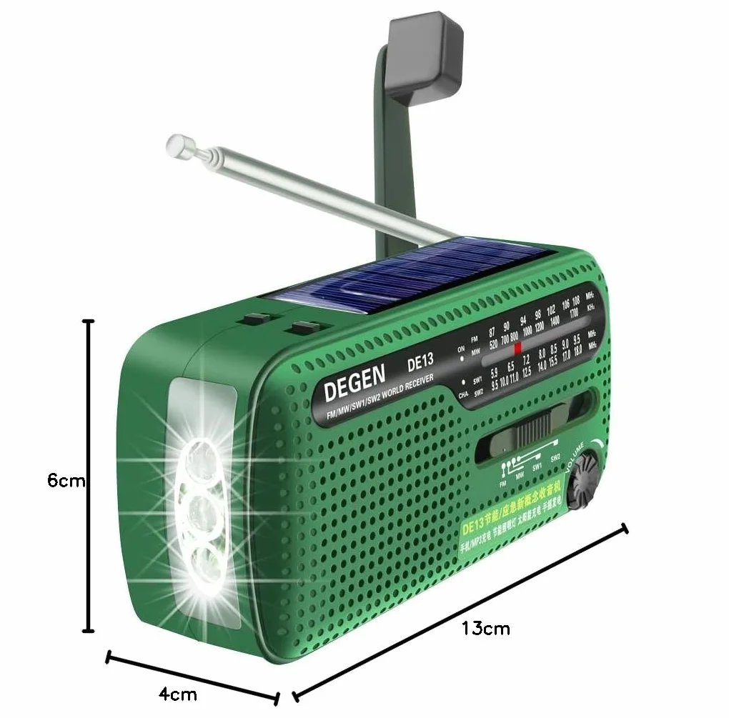 DEGEN DE13 Cranked Solar FM AM SW Odbiornik z Latarką Alarmem SOS Telefon Komórkowy Ładowanie Awaryjne Zielony