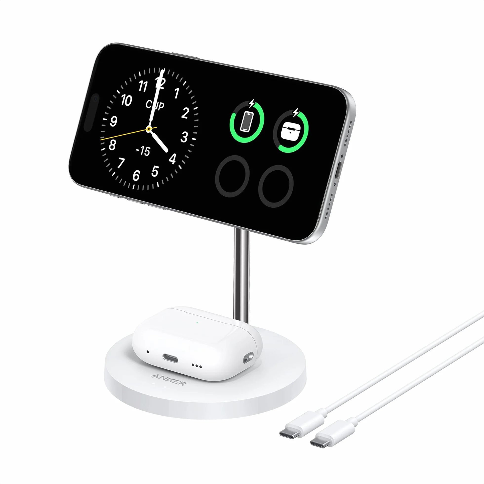 Anker MagGo indukcyjna stacja ładująca 2 w 1, 15W, kompatybilna z MagSafe, bezprzewodowa ładowarka Qi2 do iPhone 15/14/13/12, AirPods Pro, z kablem USB C 1,5 m (Biały)