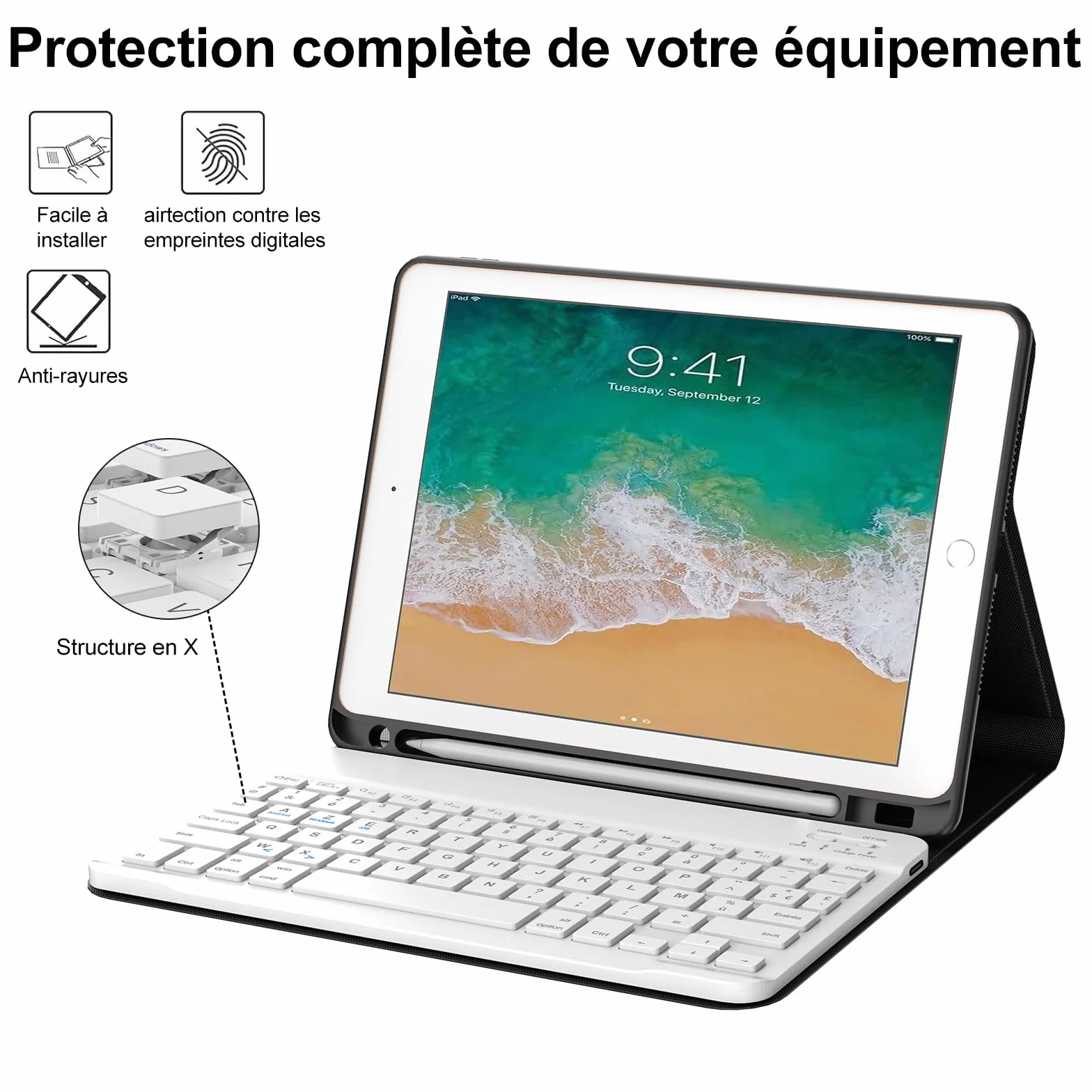 IVEOPPE Etui na klawiaturę do iPada 6/5 EME Generation/Pro 9.7 / Air 2/Air 1 9,7", AZERTY francuski pokrowiec na klawiaturę, zdejmowany układ bezprzewodowy Bluetooth z ołówkiem do iPada 9.7 2018