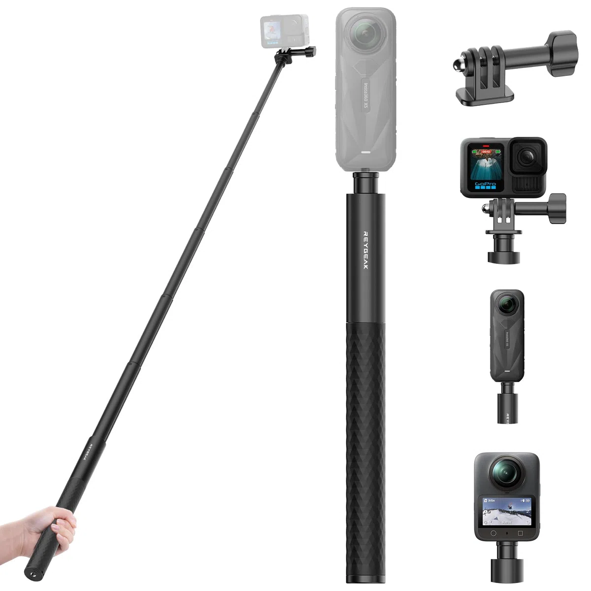 REYGEAK 130 cm kijek do selfie, aluminiowy, niewidoczny kijek do selfie, do montażu statywu z adapterem, Extendable Handheld Pole Stick Monopod kompatybilny z DJI Osmo 360/Pocket 3/Action, Insta-360