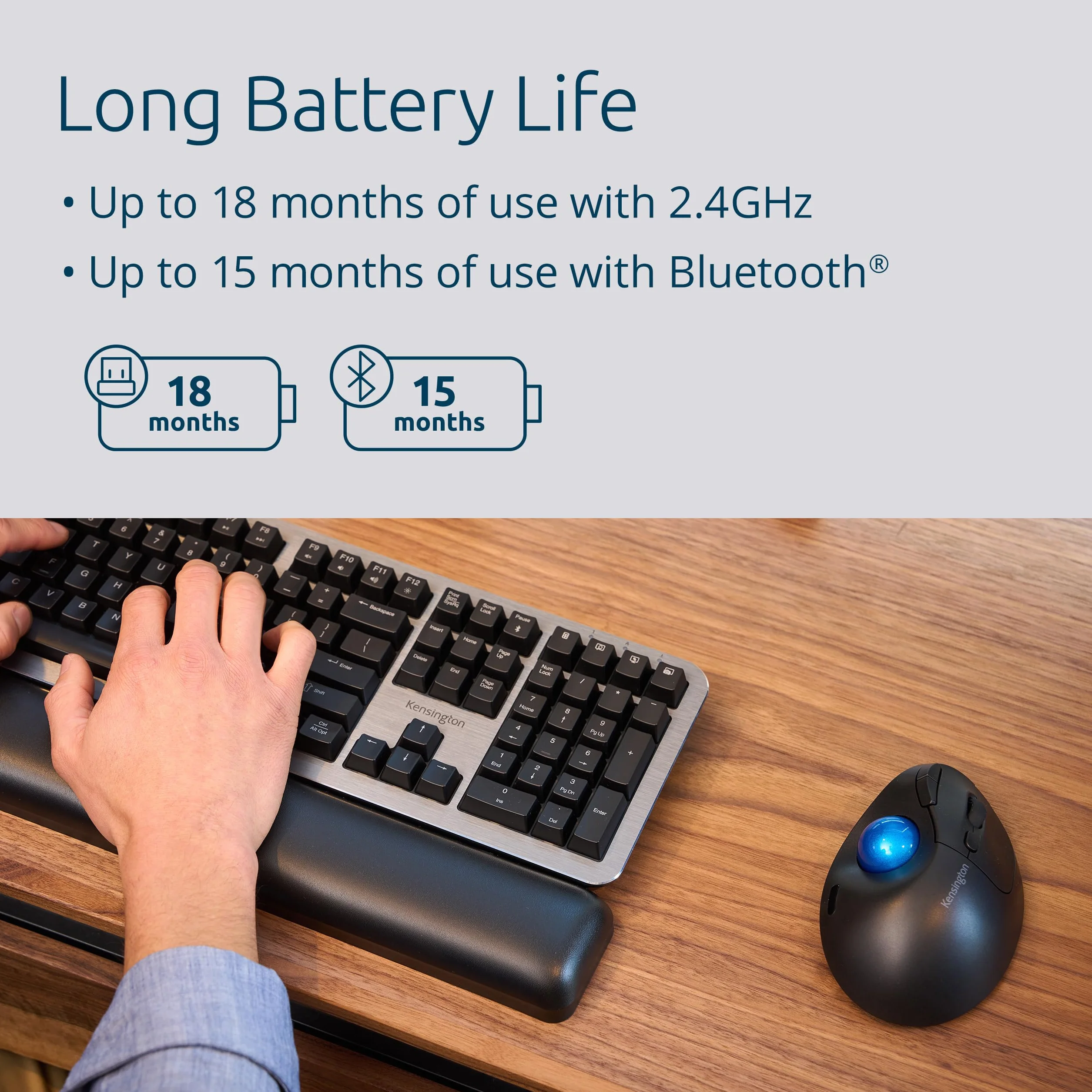 Kensington Trackball Pro Fit Ergo TB450 Bluetooth 2.4 GHz, Podwójna Łączność, do 18 Miesięcy Życia Baterii, Ergonomiczna Mysz, 34 mm, Obsługiwana Kciukiem, 50% Plastiku z Recyklingu (K72194WW)