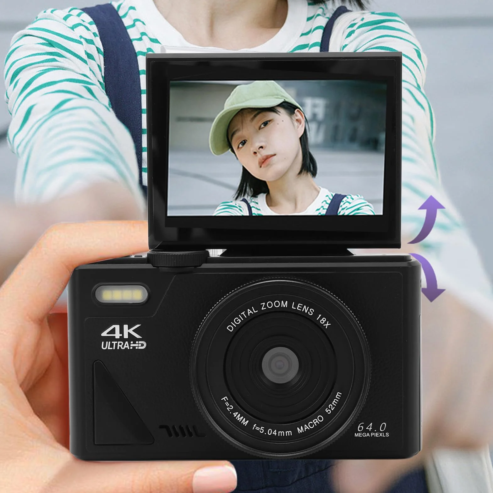 64MP Aparat Cyfrowy, Rejestrator Wideo 4K z 18x Zoom, Ekran Flip 3 '', dla Początkujących, Nastolatków, Dzieci, Studentów, YouTube, Transmisji na żywo, Połączenie USB (BLACK)