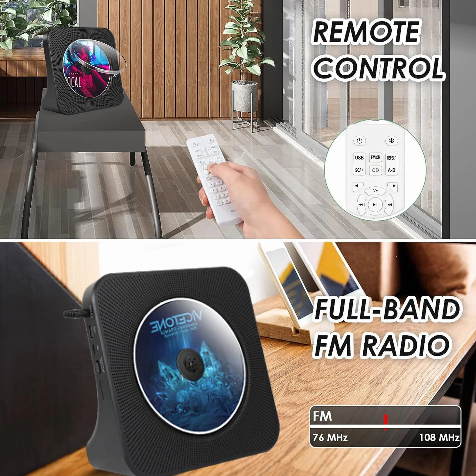 Desktopowy odtwarzacz CD z nadajnikiem Bluetooth, przenośny odtwarzacz radiowy z głośnikami i timerem, odtwarzacz CD z portem AUX/USB, osłona przeciwpyłowa, wyświetlacz LCD