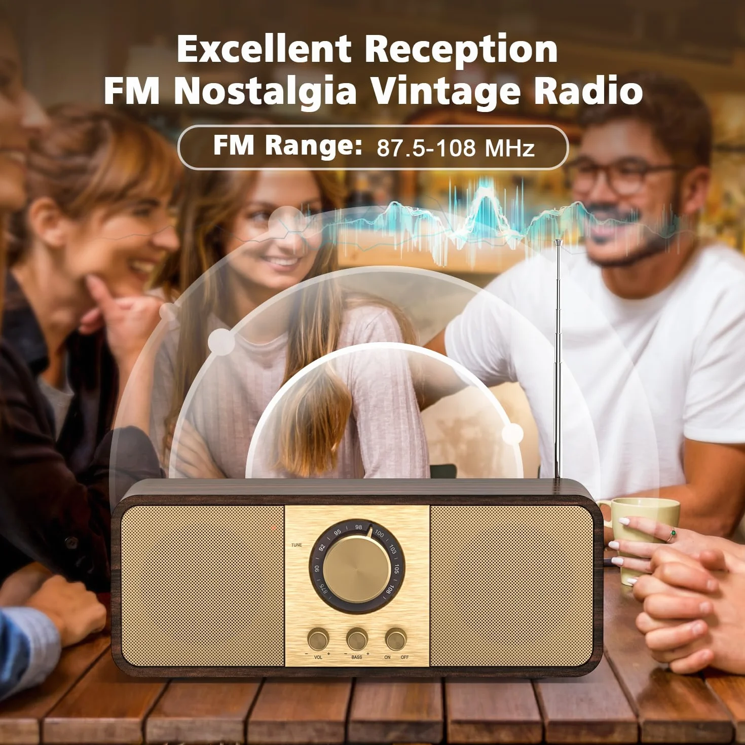 Radio Nostalgia, Radios Retro z Bluetooth i kartą TF, Zasilane Baterią 3000 mAH, z głośnikami Niskotonowymi 2 x 8 W, Radios Retro z AUX/USB, Radio do Kuchni/Sypialni/Biura