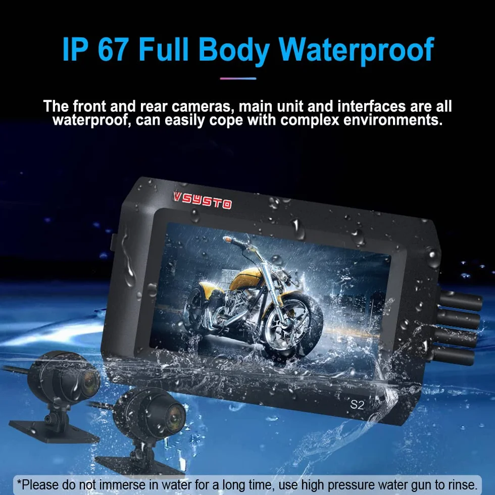 VSYSTO Rejestrator Jazdy Motocyklem Nadzór Parkowania Flameout Video Podwójna Kamera Przednia i Tylna 1080P 140 ° Szeroki kąt 3-calowy Ekran IPS WiFi GPS Pełne Ciało Wodoodporny Noktowizorz