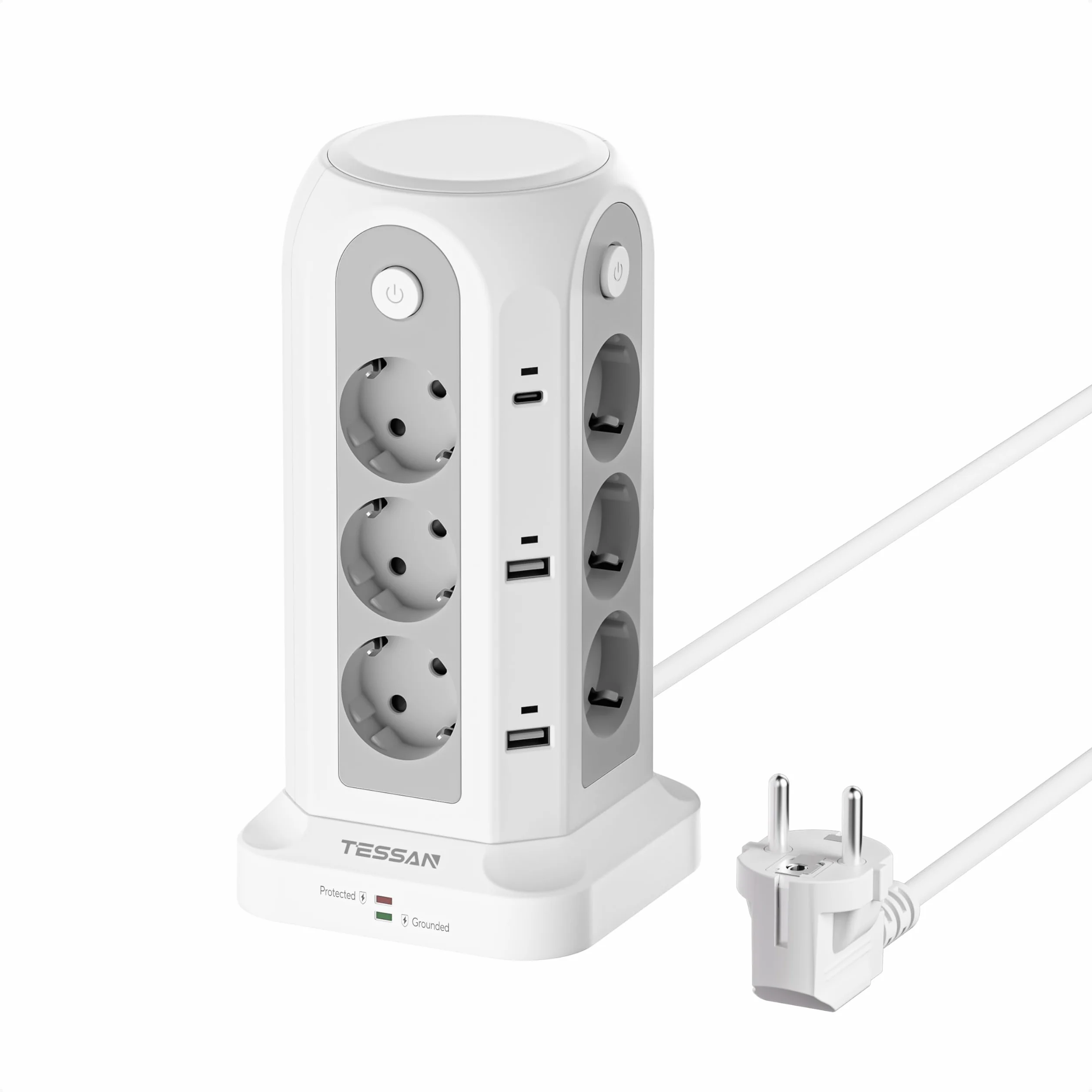 TESSAN 12 składanych gniazd, listwa zasilająca z 4 USB A i 2 USB C, przedłużacz z wieloma wtyczkami 2 m, listwa zasilająca z USB i przełącznikiem do domowego biura, szaro-biały