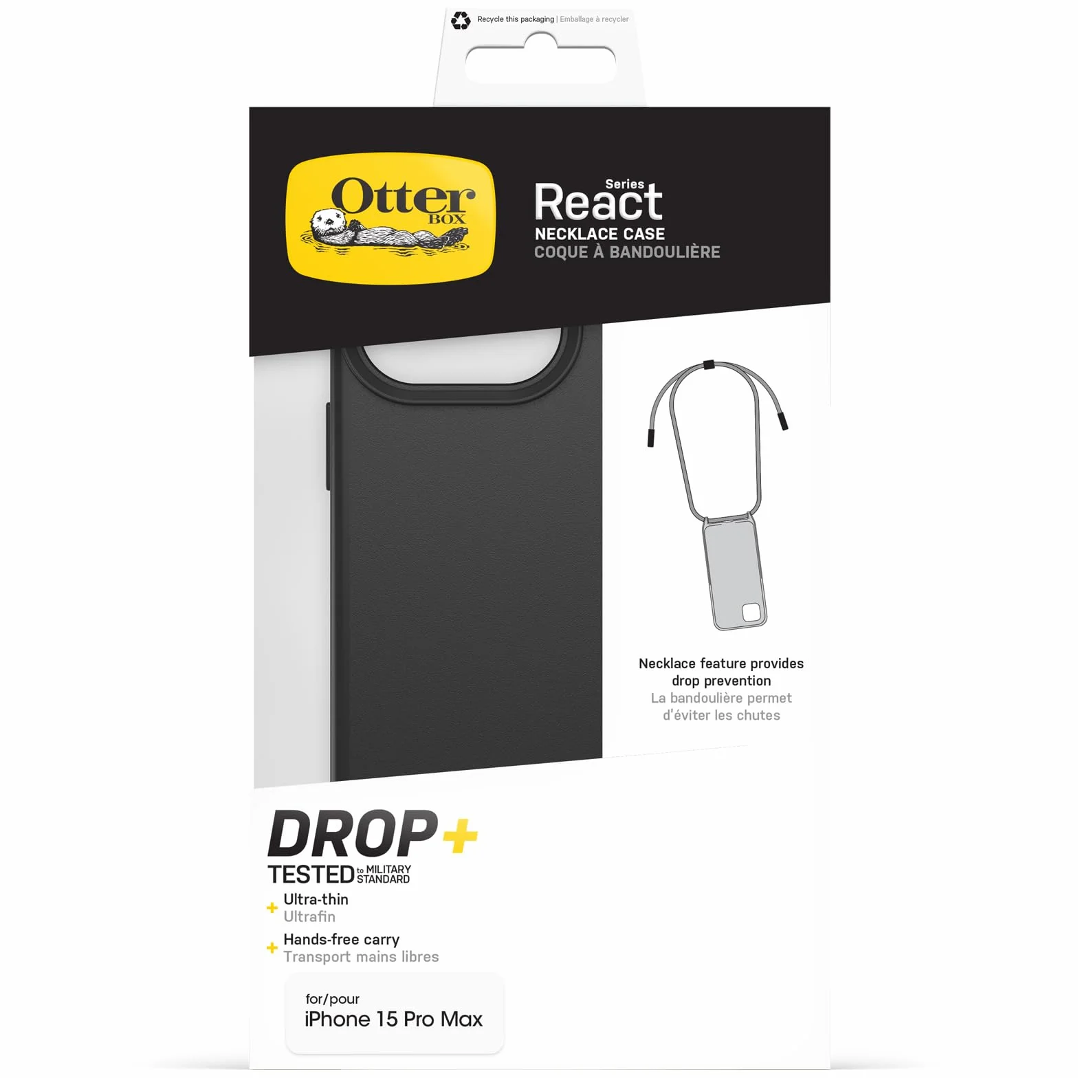 OtterBox React etui z MagSafe na iPhone 15 Pro Max, ultracienkie, z regulowanym paskiem na szyję, czarne