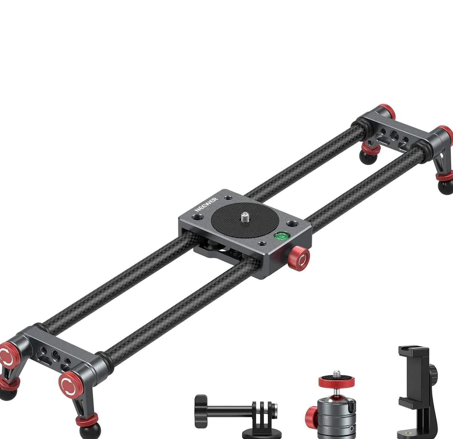 NEEWER Suwak do kamery z włókna węglowego 40 cm z kulą 360°, zaciskiem telefonu/uchwytem na kamerę akcji, szyna Dolly Rail z 4 łożyskami i podstawką, kompatybilny z GoPro Insta360 iPhone Android, CS1M