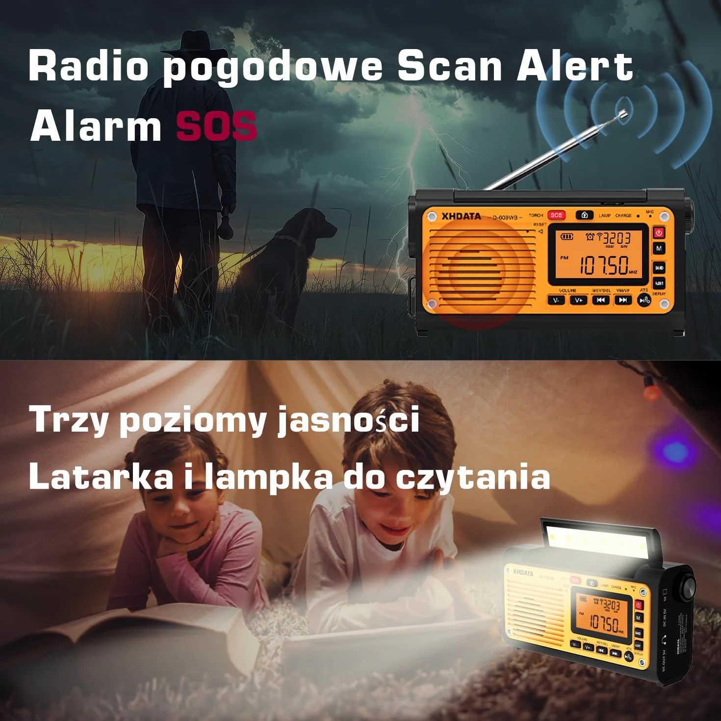 XHDATA D608WB - przenośne radio awaryjne zasilane energią słoneczną, akumulator 3000 mAh, ładowanie USB, Bluetooth, 3 tryby latarki i światła do czytania