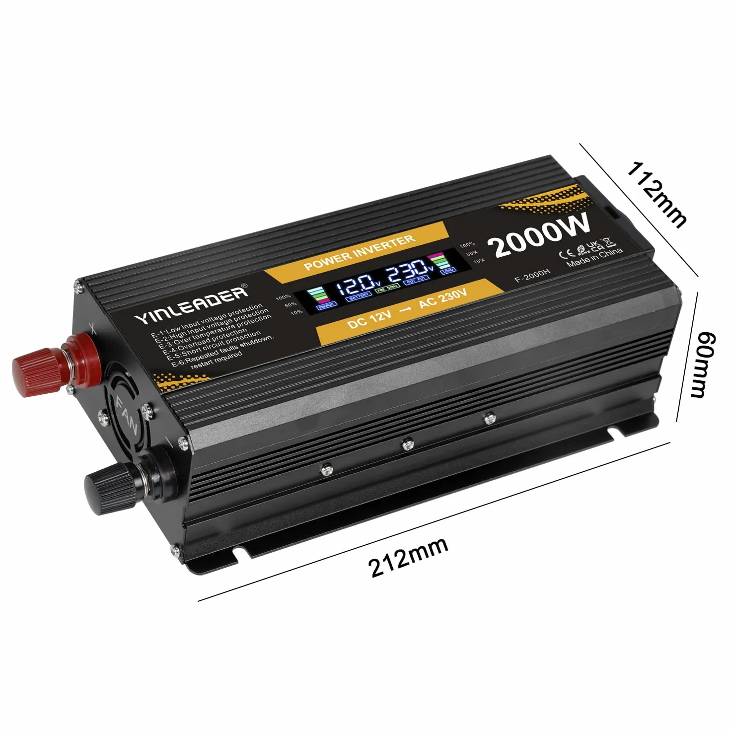 Yinleader Falownik 12 V 230 V 1000 W /2000 W przetwornica napięcia LCD z 2 USB -czarny