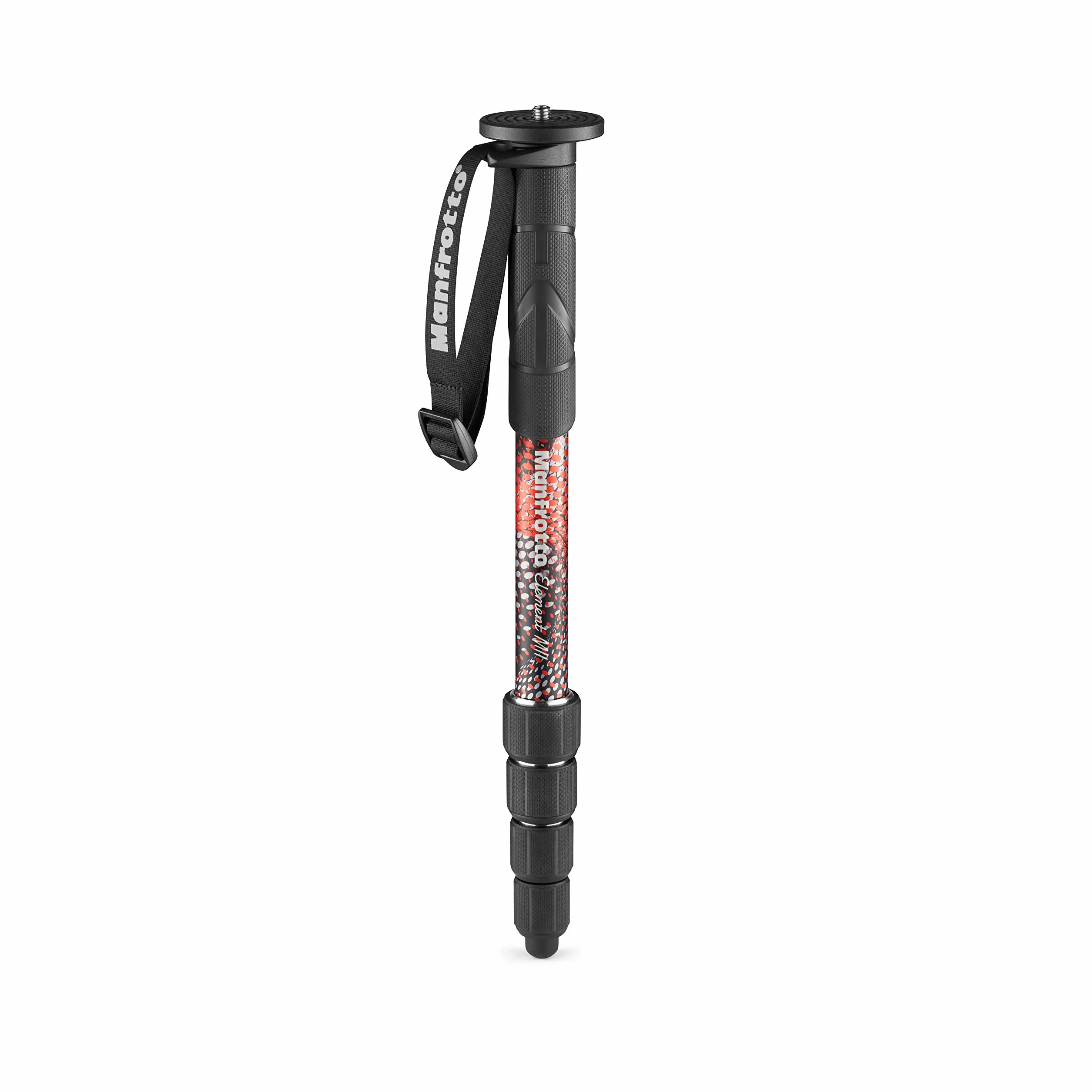 Manfrotto Element MII MMELMIIA5RD, lekki 5-częściowy aluminiowy monopod do kamery podróżnej, czerwony, z paskiem na nadgarstek, gumowy uchwyt, zamki obrotowe, obciążenie 16 kg, do aparatów