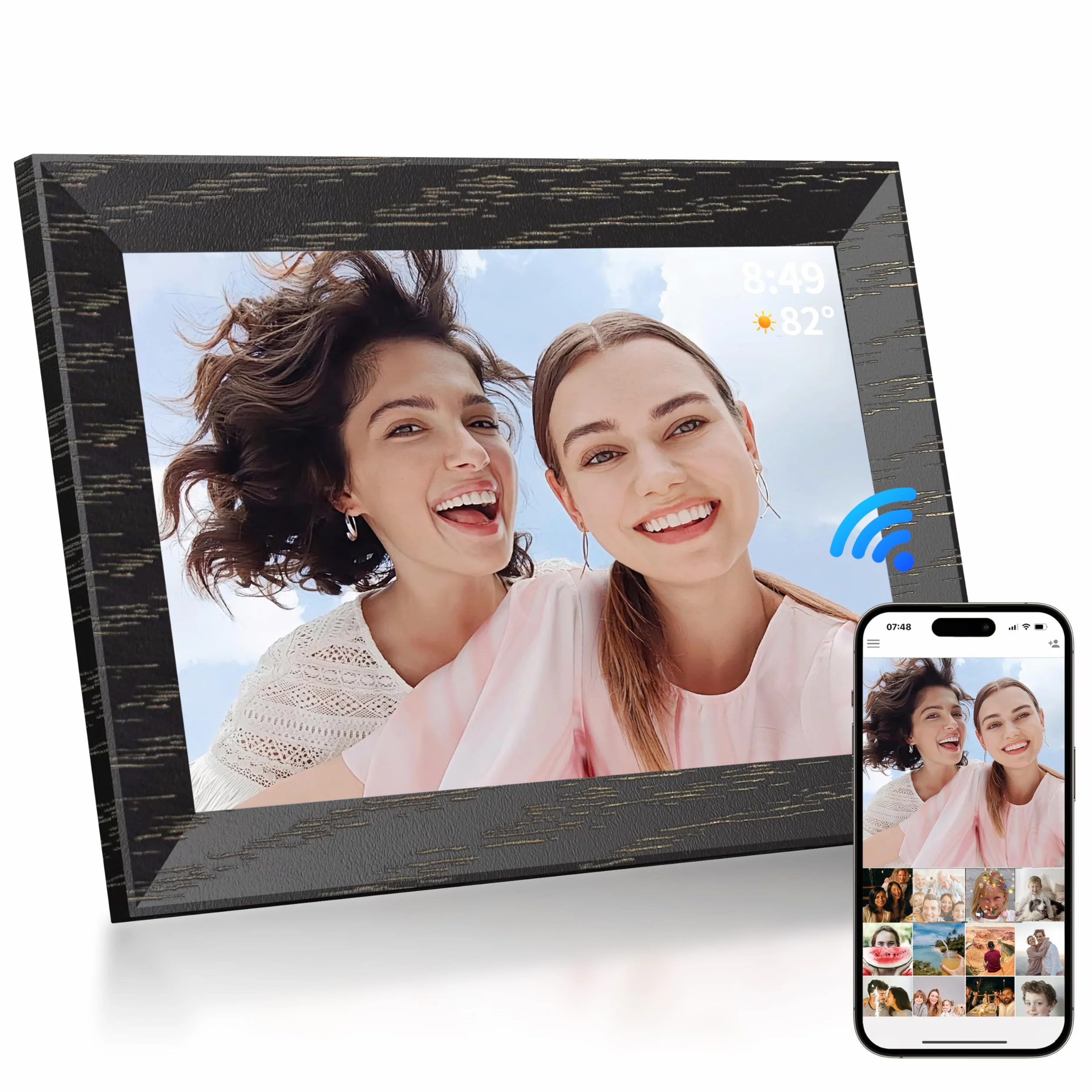 BYYBUO 10.1-calowa cyfrowa ramka zdj Wi-Fi, 1280 x 800 IPS Cyfrowa ramka obrazu dotykowego, 16G Walnut Brown, udost pnij zdj cia lub filmy za po rednictwem aplikacji Frameo(bez baterii)
