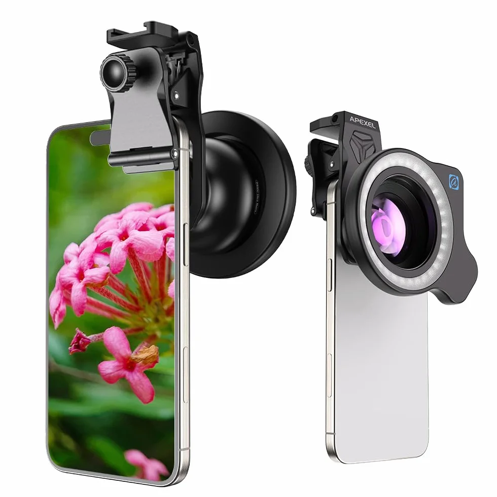 APEXEL HB100 Ultra HD obiektyw makro do telefonu z 45 opcjami oświetlenia i antyrefleksyjnym obiektywem makro AF nadaje się do iPhone, Samsung, Pixel i innych smartfonów