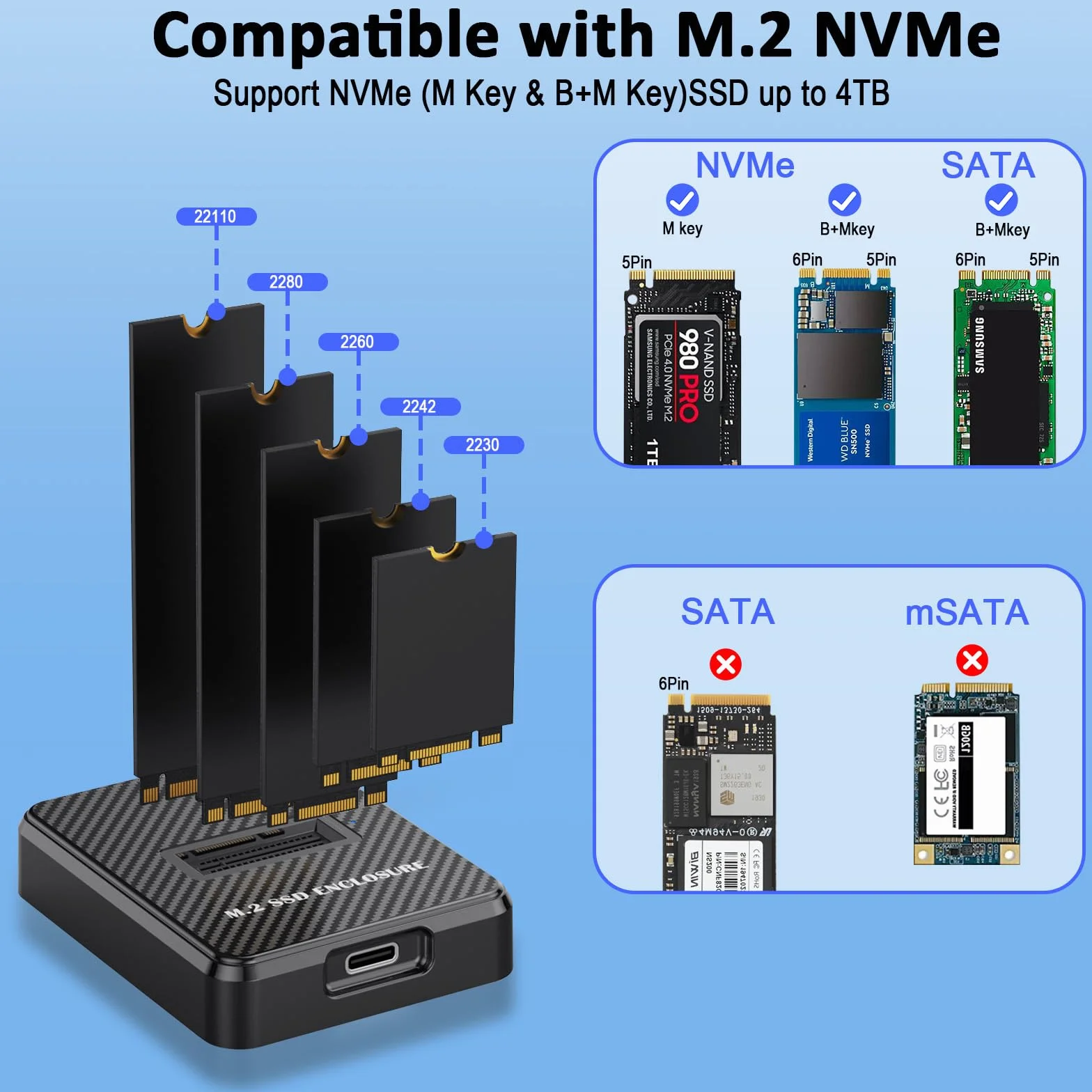 Stacja dokująca M.2 NVMe i SATA na USB C, adapter M.2 na USB C, zewnętrzny czytnik kart SSD 10 Gb/s, kompatybilny z kluczem M, kluczem B+M, do SSD 2280 2260 2242 2230