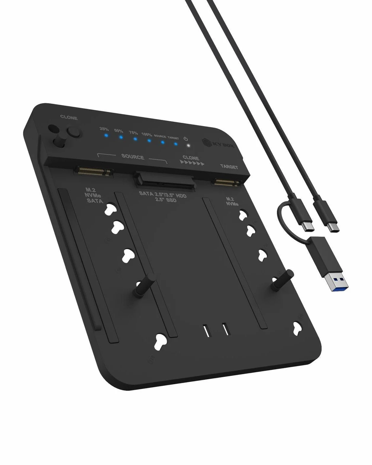 ICY BOX Stacja dokująca HDD/M.2 NVMe SSD USB 3.2 Gen 2 (10 Gbit/s), stacja do klonowania dysków twardych i czytnik (SATA 2,5/3,5 cala i M.2 NVMe), zewnętrzna, adapter, USB-C & USB-A, IB-2913MCL-C31
