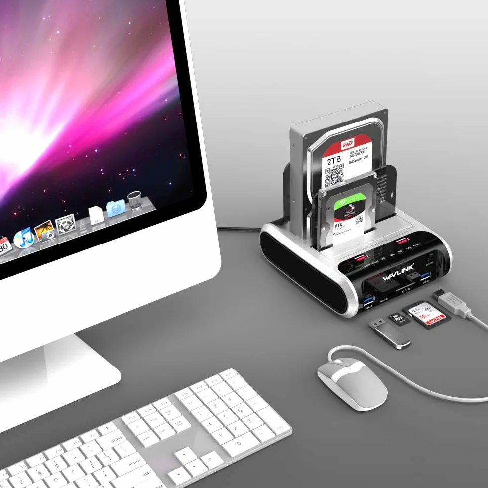 Stacja dokująca do dysków twardych, WAVLINK USB Stacja dokująca Offline funkcja klonowania dla 2,5 cala i 3,5 cala SATA HDD SSD, obsługuje karty TF i SD oraz ładowanie przez USB