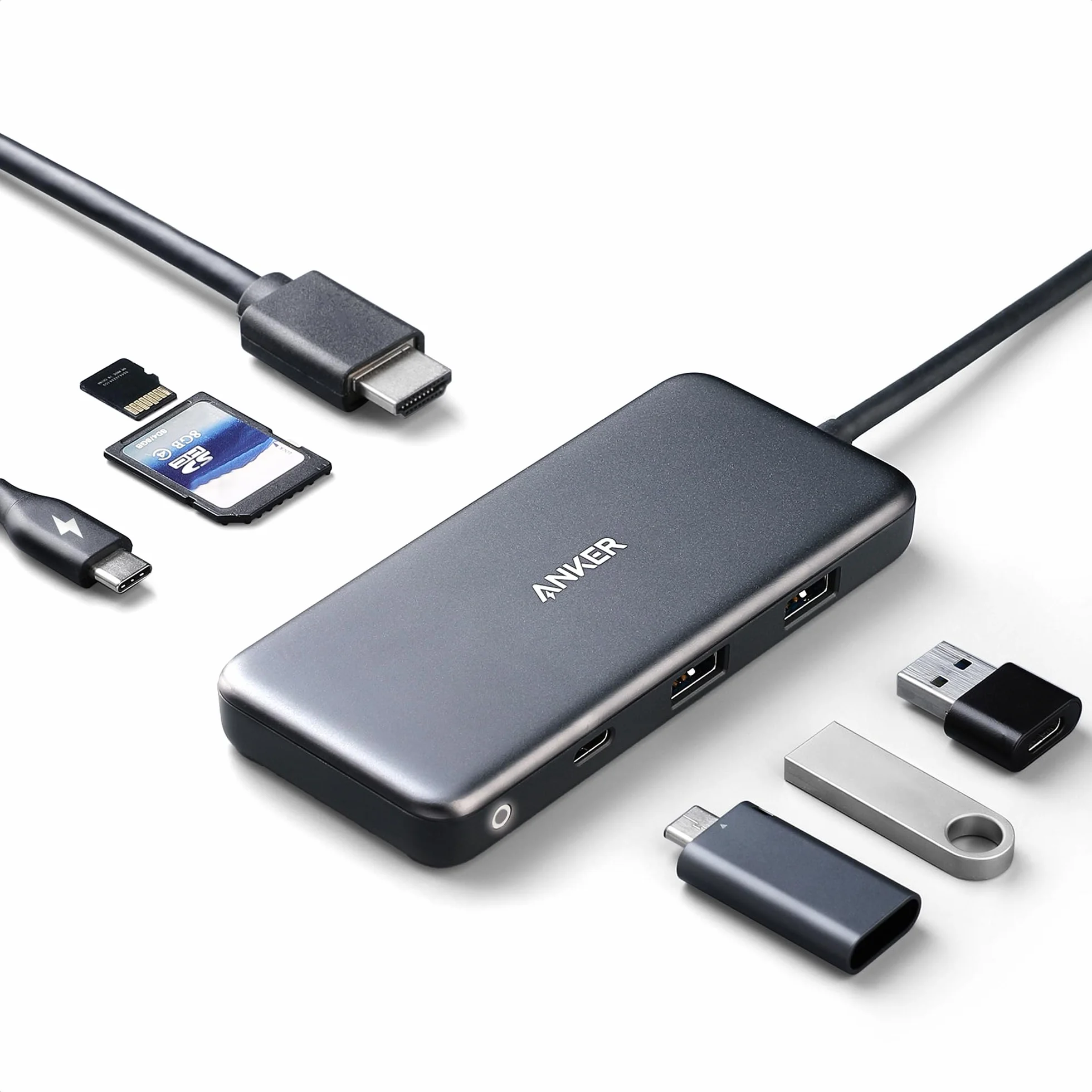 Anker Hub USB C, PowerExpand+ adapter USB C 7 w 1, z wejściem 4K HDMI, zasilaniem 100 W, USB-C i dwoma portami danych USB-A 5 Gb/s, czytnik kart microSD i SD, do MacBook Air, MacBook Pro, XPS i więcej.