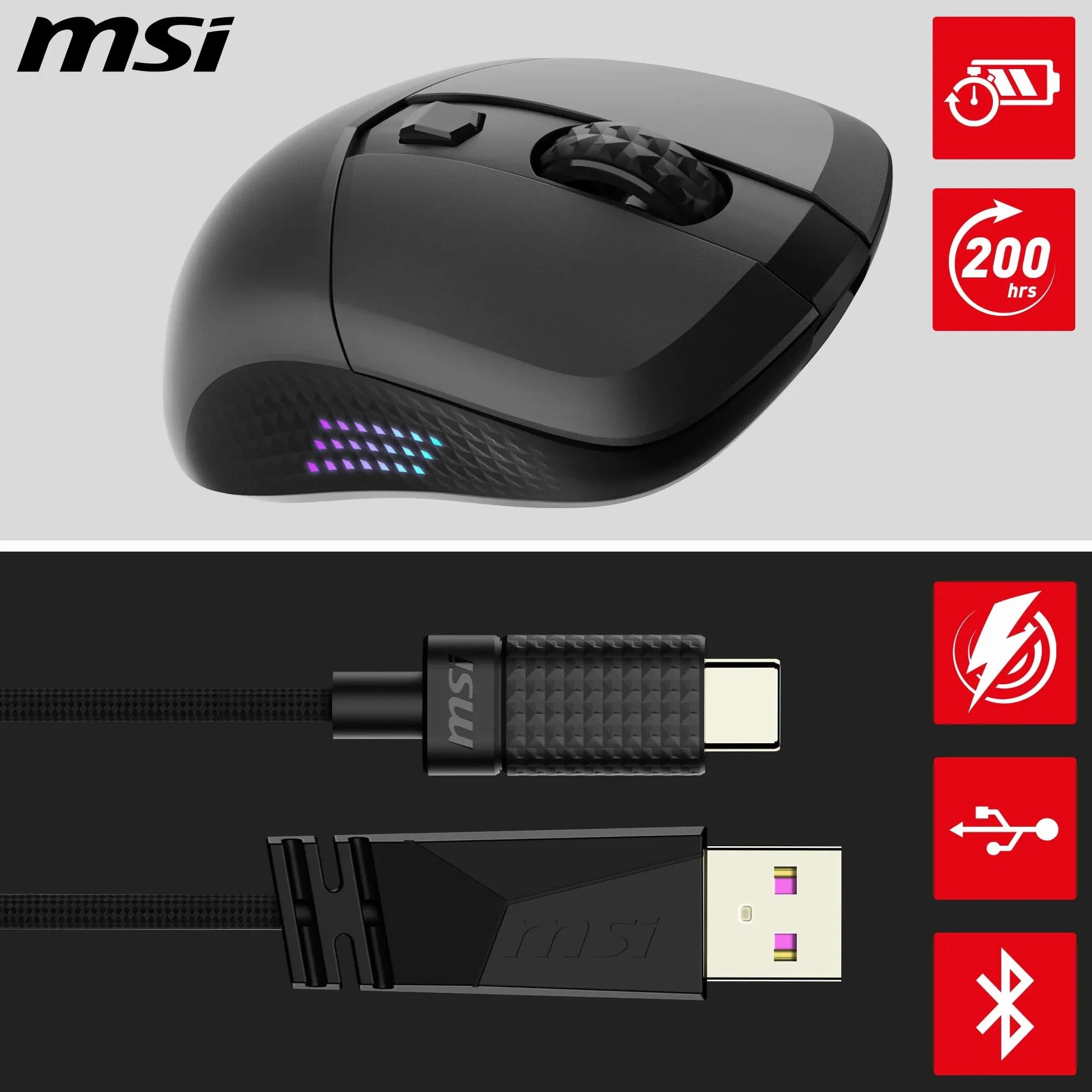 MSI Versa 300 Elite Wireless Gaming Mouse — 26,000 dpi photosensor, 1000 Hz polling rate, balanced, 60 million click OMRON switch, 200-hour battery, 1 ms latency, RGB, 65 g — wired/wireless