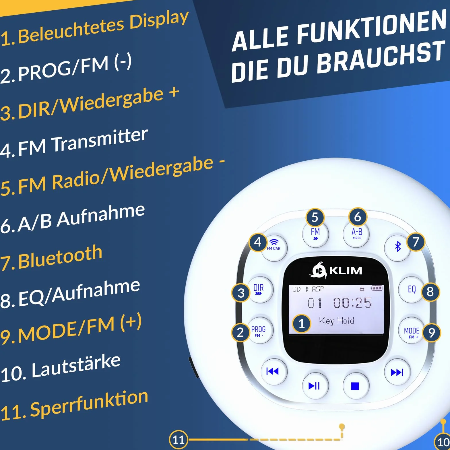 KLIM Journey + przenośny odtwarzacz CD Walkman z długą żywotnością baterii + NOWOŚĆ + słuchawki w zestawie + radio FM + kompatybilny z MP3 + karta SD, nadajnik FM, Bluetooth + idealny do samochodu -