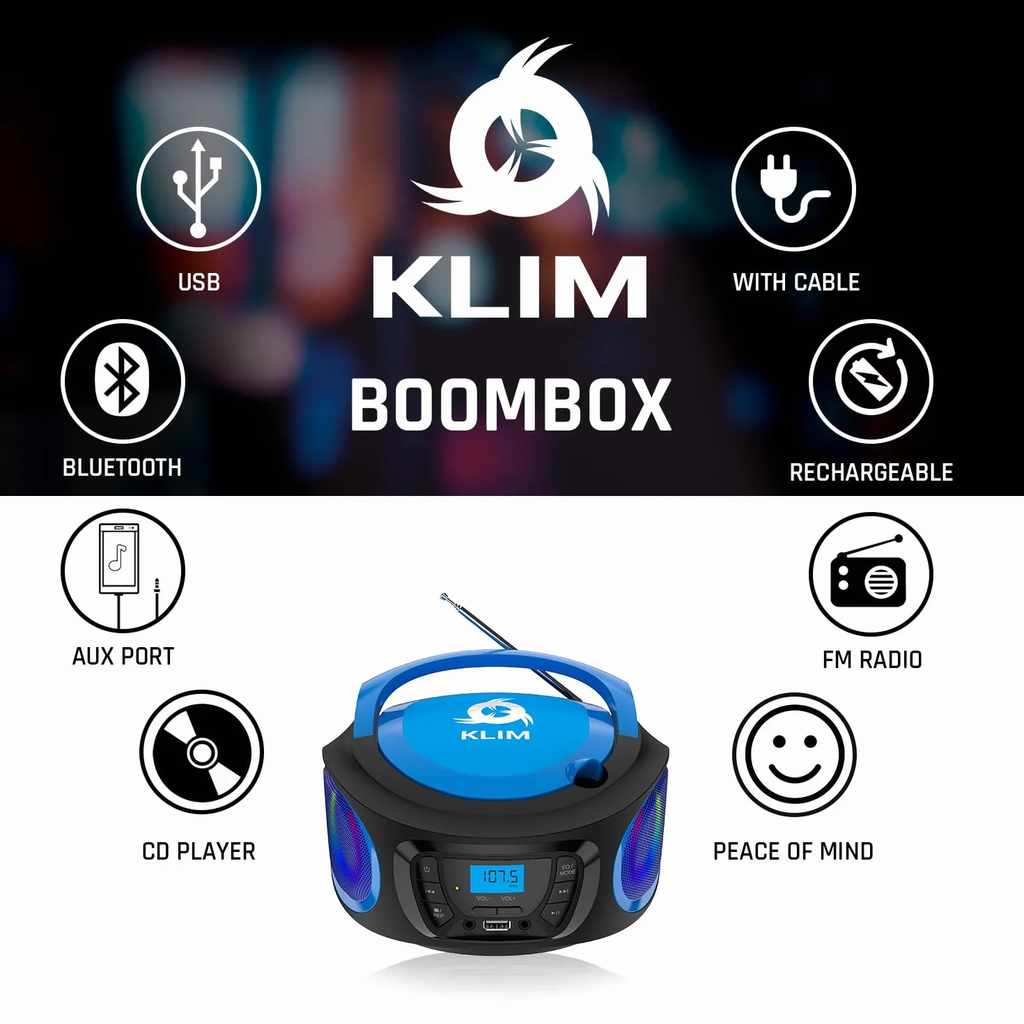 KLIM Boombox Radio CD. Radio FM, CD Bluetooth, MP3, USB, AUX + baterie do ładowania, tryby przewodowe i bezprzewodowe + kompaktowy i wytrzymały + nowa wersja 2022 + niebieski